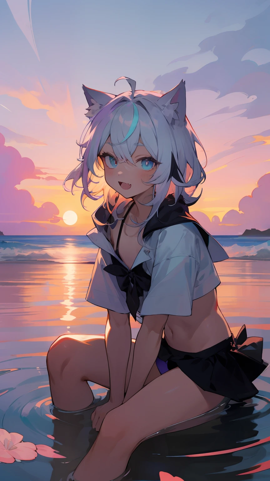 Obra-prima，Cute short boy sitting，Cat ears，fang，Detailed eyes，Two-Tone eyes，Purple turquoise gradient eyes，Rippled hair，White hair，Hair is pure white and fluffy，Flowers decorate bikinis，Ruffles，exteriors，horizon，Skysky，the ocean，water world，Wavy，ripples，the sunset，vignet。ember