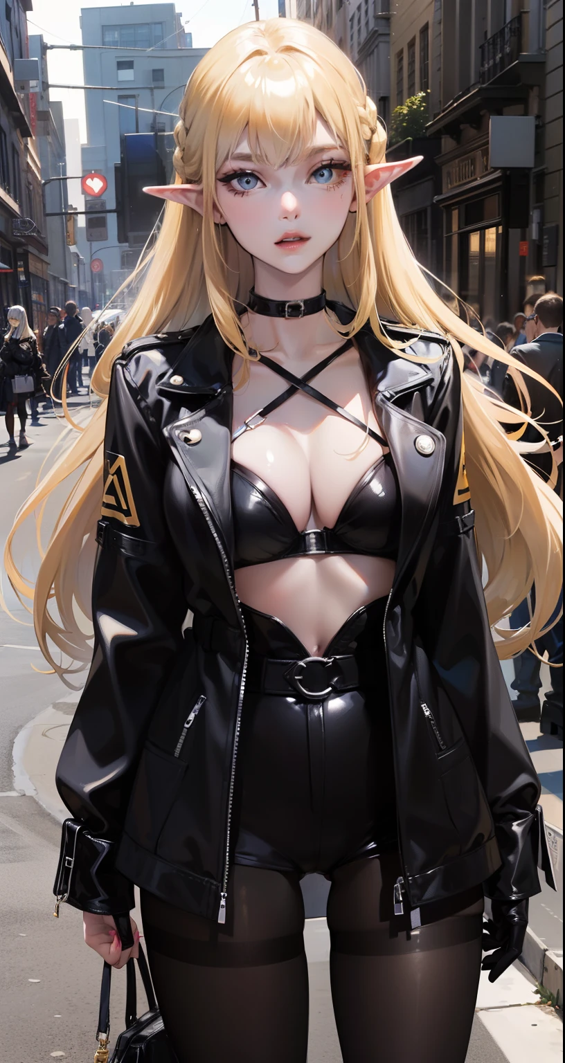 one woman, pale skin, blue eyes, eyebrows, nose, mouth, lips, ears, long blonde hair, choker, open shiny black jacket, shiny black glued bra, shiny black tights, standing, beautiful day, on the street, floor