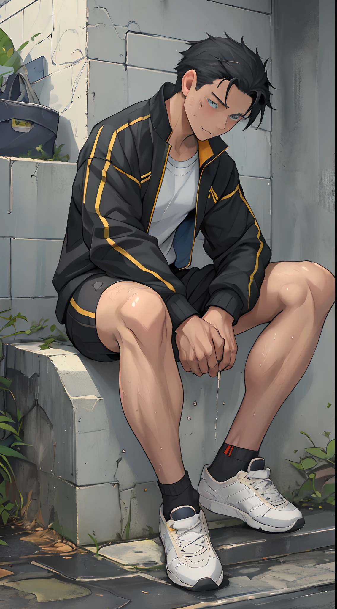 (1 Adult male),A high resolution, Sharp focus, Pixiv masterpiece, ((Complicated details)), highly detailed, natsuki_subaru, 1 man,perfect male figure,Urine on the trouser leg, Nervously bow your head,is shy,embarressed,exhilarated,is shocked,panicking,worry,A pool of urine formed around him,Very eager to pee,Unbearable,Wet yourself,Urine discharge,full bodyesbian,sit astride,Tired,decadent, blue color eyes(eyes glowing), Black hair short hair,track suit,track pants,White socks and sneakers are worn on the feet,perspire,Drenched,Get wet,pissing,urine flows down the pants,look from down