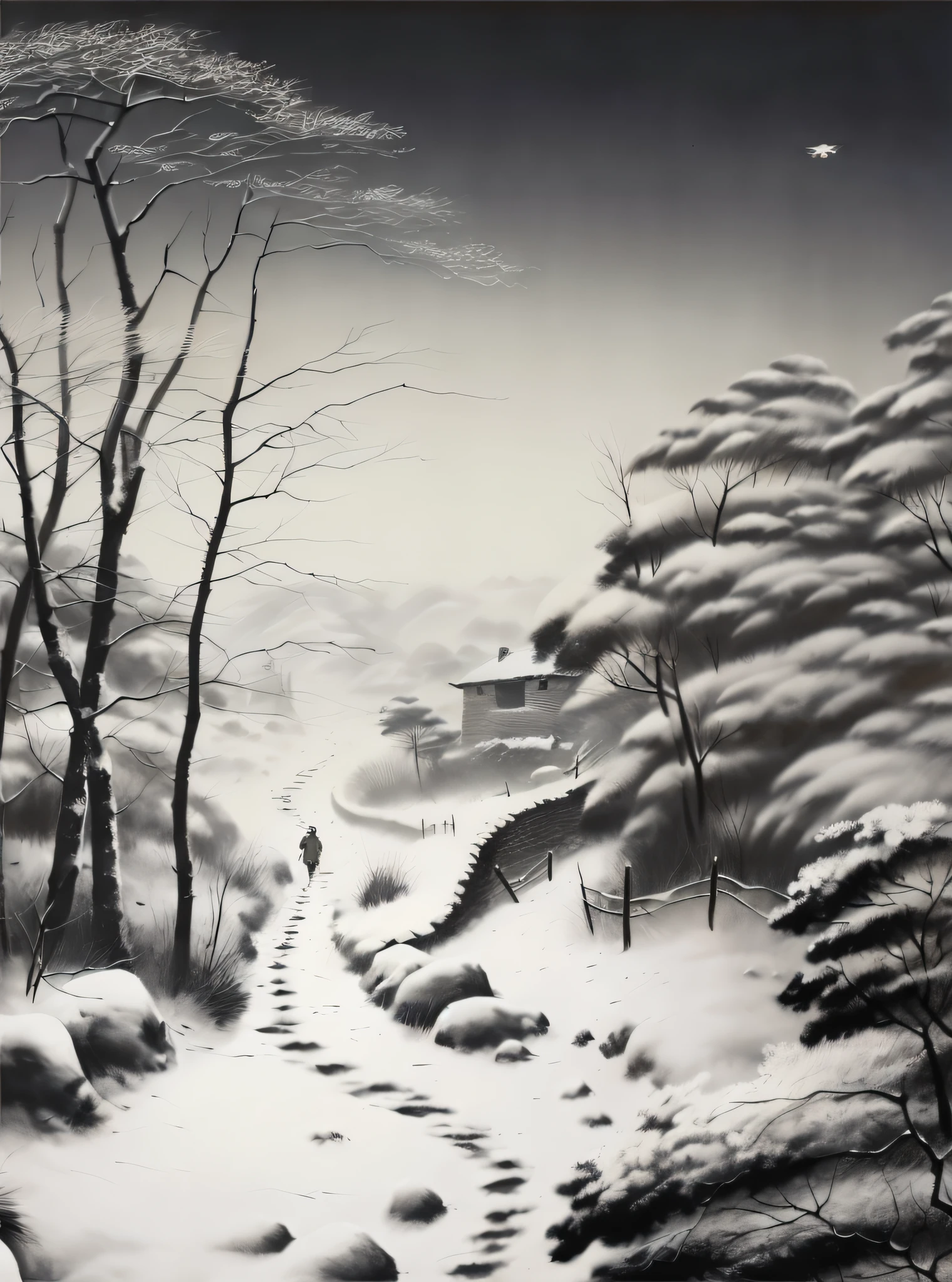 Image of Alphad of a man walking on a snowy road, inspired by Franz Sedlacek, author：Shen Shizhen, korean artist, author：Yi Renwen, inspired by Yeong-Hao Han, inspired by Grzegorz Domaradzki, inspired by Kim Hong-do, inspired by Byeon Sang-byeok, inspired by Huang Binhong