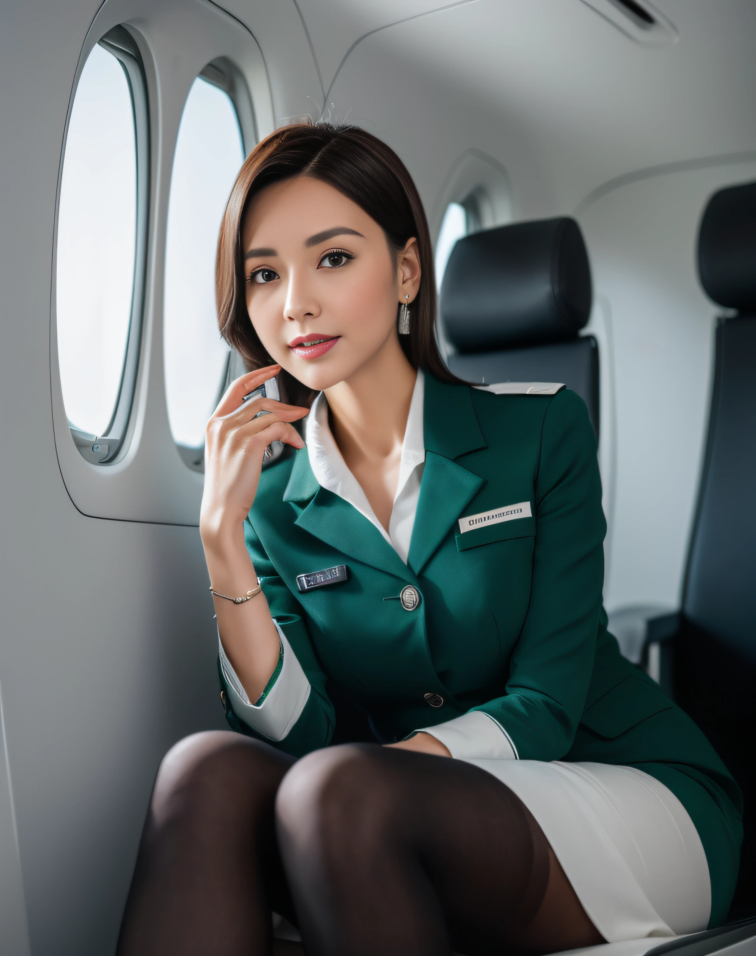 Solo，RAW photo, (8K, Best quality: 1.3), (Masterpiece, Photorealistic: 1.3), Super detail, Anatomically correct, Facing the camera，Japanese flight attendant in the 20s, Emerald earrings, grey uniform, Black pantyhose, Aircraft cabin with seats