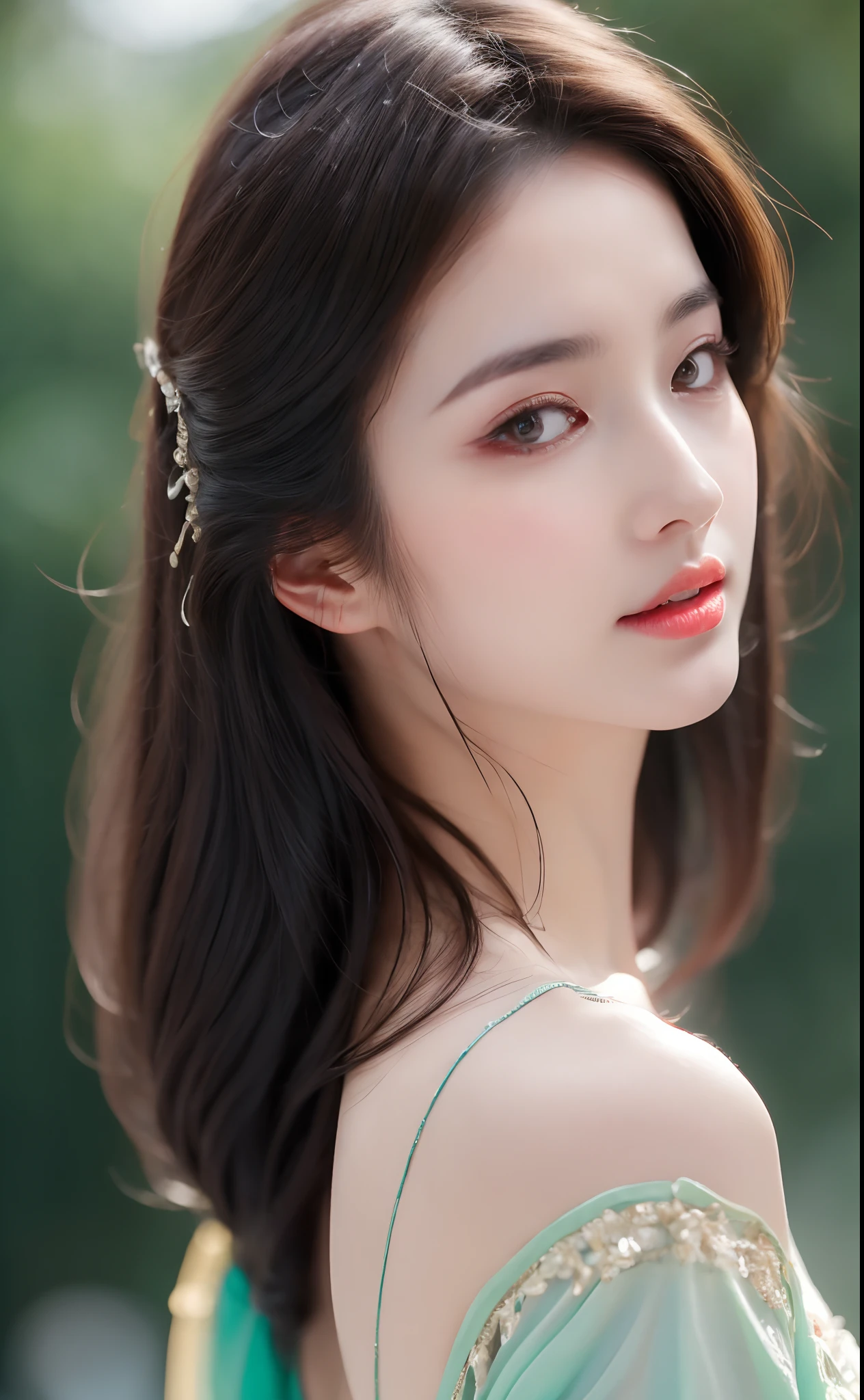 ((Best Quality, 8k, Masterpiece: 1.3)), Focus: 1.2, Perfect Body Beauty: 1.4, Buttocks: 1.2, ((Layered Haircut)), (Wet Clothes: 1.1), (Rain, Street:1.3), (Breasts: 1.2), (Hanfu: 1.2), Bare Shoulders, Bare Legs, Highly Detailed Face and Skin Texture, Fine Eyes, Double Eyelids, Whitened Skin, Long Hair, (Shut Up: 1.5), (Bokeh Background: 1.5), Big Breasts