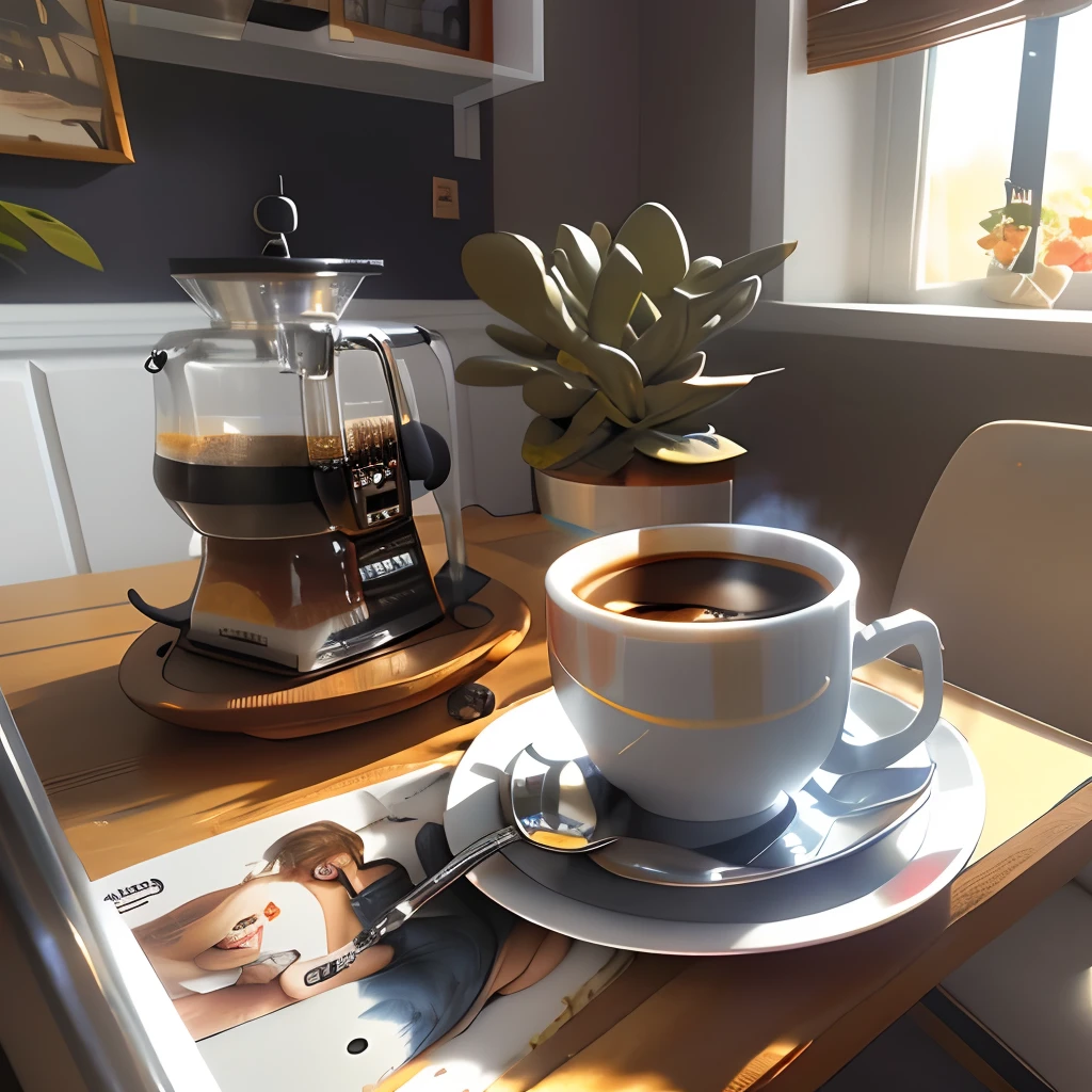 there is a cup of coffee on a saucer on a table, cozy cafe background, morning coffee, A coffee, coffee mug, Amazing wallpapers, kawa, high detailed official artwork, portrait of morning coffee, highly detailed scenario, photorealistic illustration, arte de fundo, Relaxing concept art,
