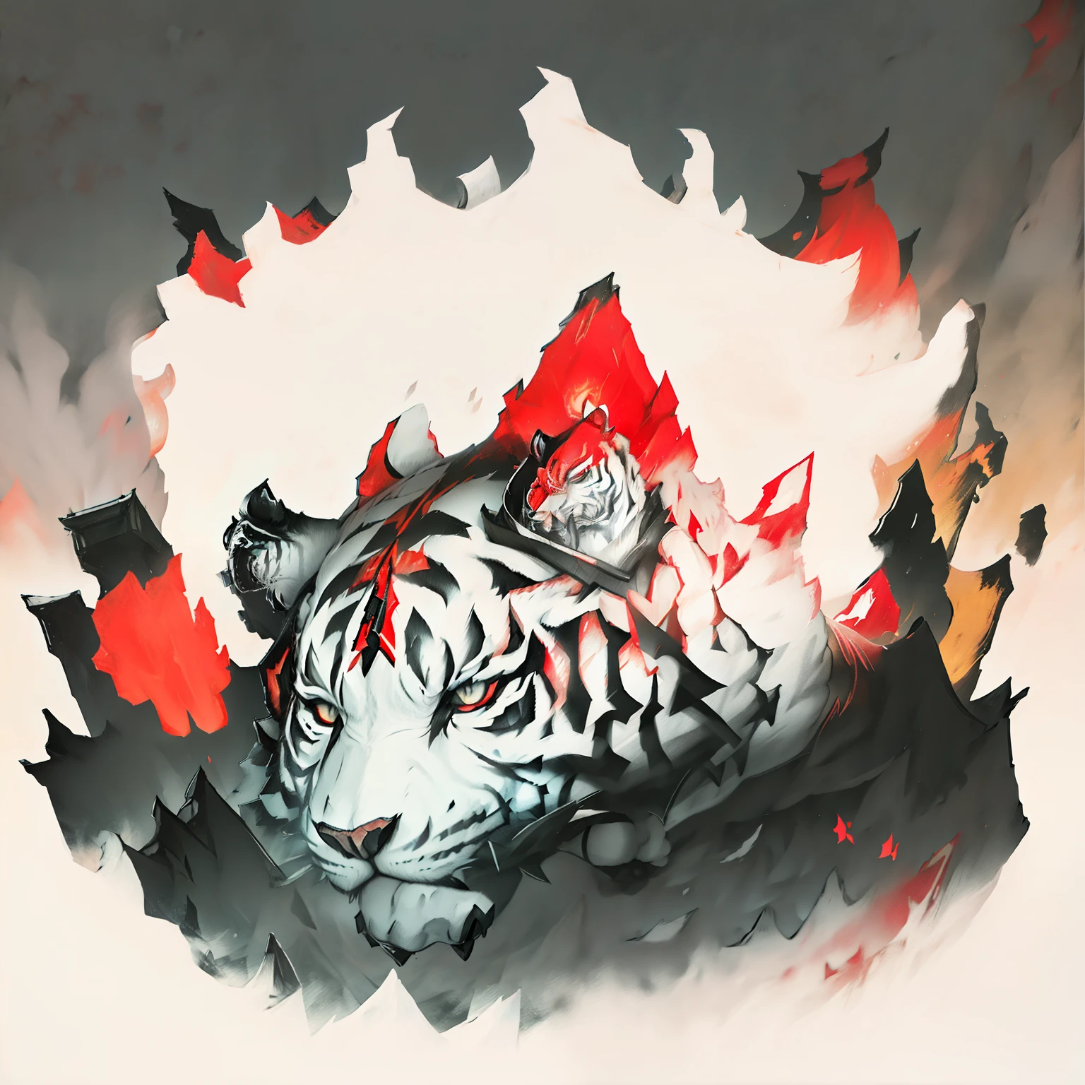 White sky with red clouds with black edges, A disembodied white tiger with a red and gold Tibetan temple over its head, triangular