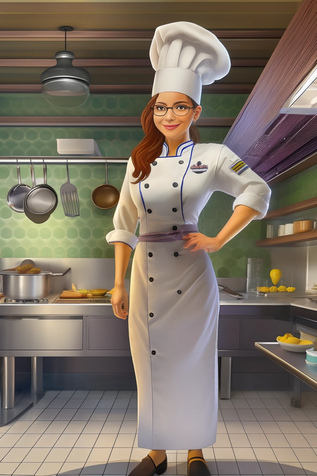 crie uma personagem mulher em vista frontal com corpo inteiro vestindo um uniforme completo de chef de cozinha