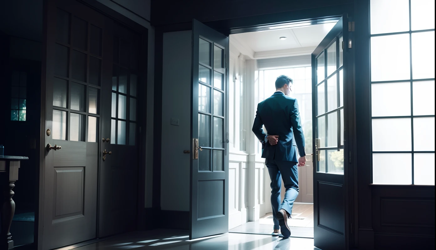 The man half-sidedly half-stretched out his hand to push the door, and the scene where the back walked to the glass door and half-pushed the door open