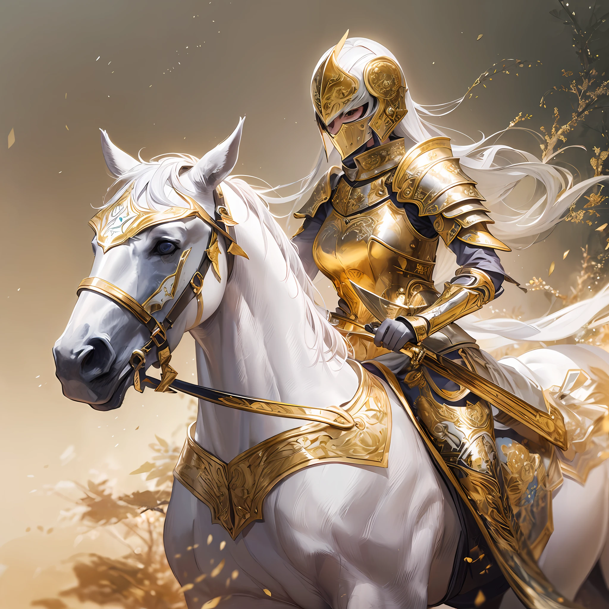 1 Female knight,Ride a white horse,anatomy correct, (Exquisite helmet,Delicate masks),Gold armor,Delicate pattern,Oriental elements,Ink painting style, Clean colors,gold space, Soft lighting, ( Bokeh),Masterpiece, Super detailed, Epic composition, Highest quality, 4K,