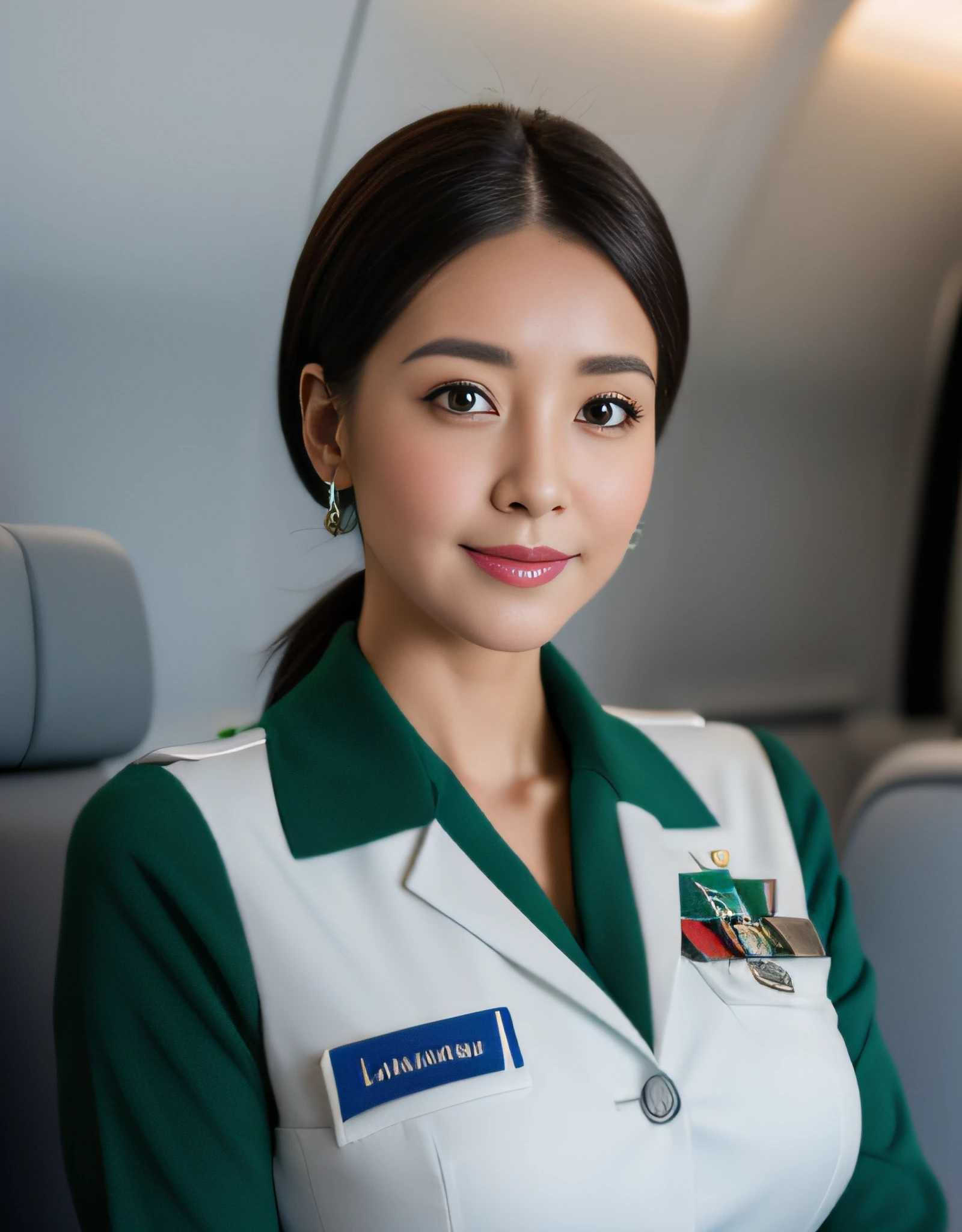 Solo,RAW photo, (8K, Best quality: 1.3), (Masterpiece, Photorealistic: 1.3), Super detail, Anatomically correct, Facing the camera,Japanese flight attendant in the 20s, Emerald earrings, grey uniform, Black pantyhose, Aircraft cabin with seats