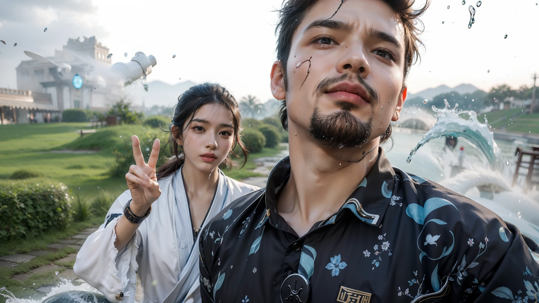 Imperial water,Surrounded by water jets,Splashes in the air,1boys,8K,Realiy,Man standing,Surrounded by water jets,The legend of Xianxia,Fantasy world,Xia customer service appeared,Handsome face,Look straight ahead,intricately details,tmasterpiece:1.2,best qualtiy