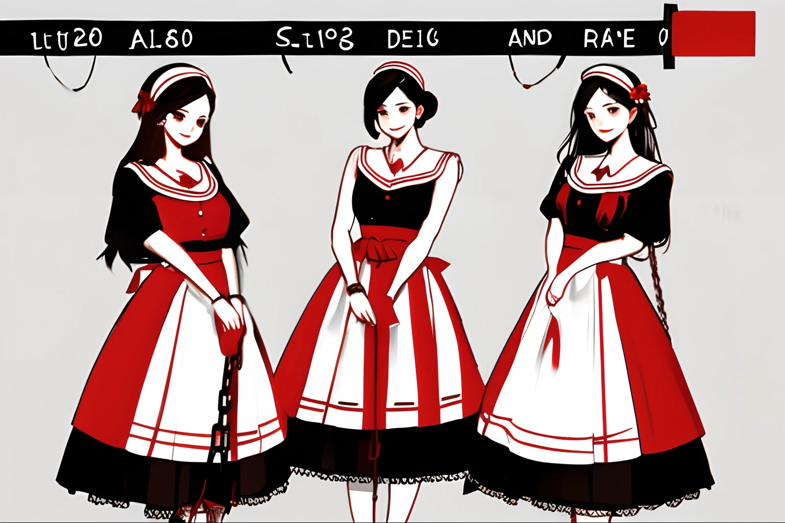 3 beautiful maids，spanking，Ropes and chains in the hand, white backgrounid，Red all over，Black-white-red design, August limbs, offcial art, concept-art, plan，Size，Character setting drawings，infography，Patent schematic，Fine style