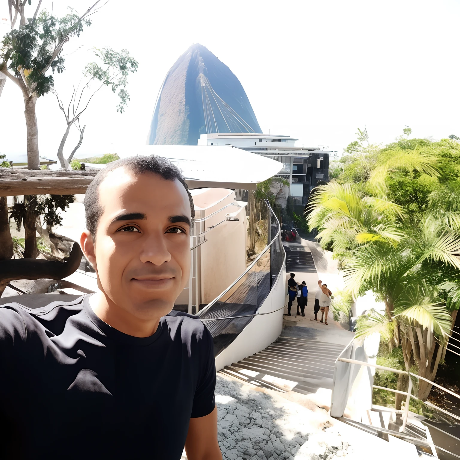There is a man standing in front of a building with a mountain in the background, Tiro em GoPro9, Moutain no fundo, Assumido em Go Pro Hero8, with a volcano in the background, em frente a uma montanha, cristo redentor, Oscar Niemeyer, pyramid in background, montanha ao fundo, david rios ferreira, qualidade superior, obra prima: 1,2, 8k, portlate
