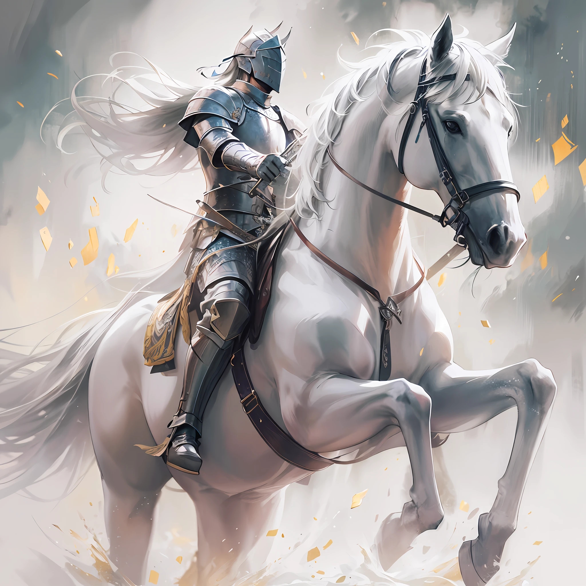 1 Knight of the White Horse,Long gun in hand, Ink painting style, Clean colors, decisive cutting, White space, freehand brushwork, Soft lighting,dreamy glow, ( Bokeh),Masterpiece, Super detailed, Epic composition, Highest quality, 4K,