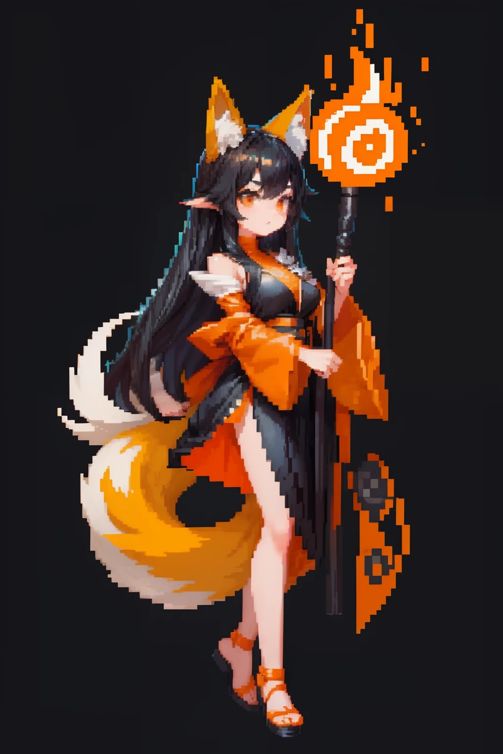 orange and black、Wizard Girl、With fox ears、With a tail、Twin-tailed、Black hair、(Pixel art:1.2、pixels)simple background、Hold on by the foot、Have a big cane