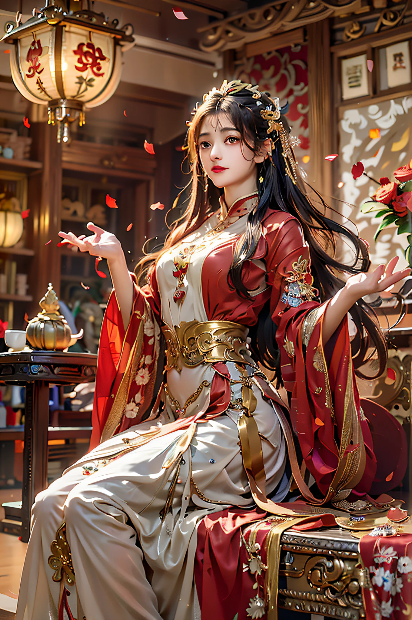 Need,tmasterpiece,A high resolution,(Delicate figure:1.5),Absolutely beautiful,(Milky skin:1.3),exquisitedetails,Real Human，A high resolution,Wallpapers,1female,独奏,shift dresses,hair adornments,(((Golden and red dress)) ), florals, long whitr hair, A brown-haired, Keep one's mouth shut, trinkets, longer sleeves, Raise Hand, Wide sleeves, Big eyes, Fluttering, Hanfu, Hanfu, embroidery, long  skirt, natural poses, falling flower petals, inside in room, Fanning,lanterns，16K，HDR，A high resolution，depth of fields，（filmgrain：1.1），Bocoon，prime time，（lens flare glow），Vignette，rainbowing，（Color：1.5）