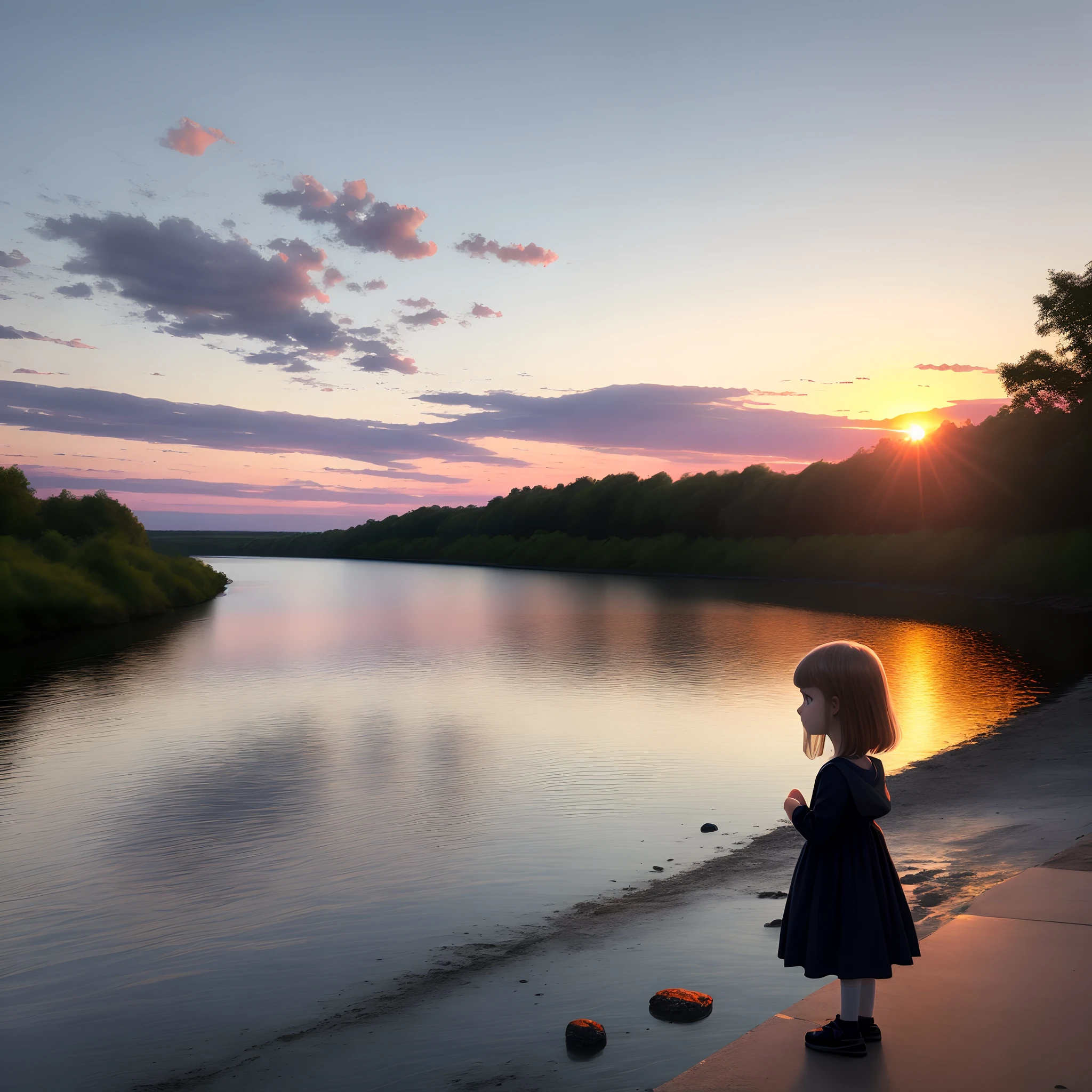 A little girl watching the sunset by the river