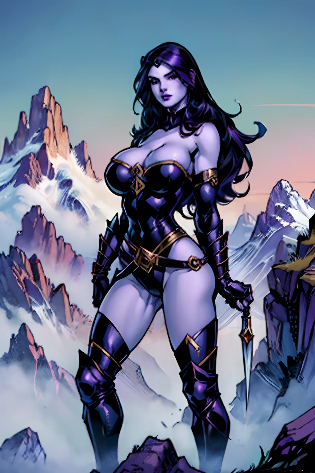 (masterpiece, top quality, best quality, official art, beautiful and aesthetic:1.2), (1girl:1.3), ((long black hair)), (((pale purple skin, pale blue skin, blue skin, purple skin))), extremely detailed, portrait, looking at viewer, solo, (full body:0.6), detailed background, close up, (cold night mountain theme:1.1), dark elf war dancer, charlatan, smirk, mysterious, swaying in mountains, skimpy attire, revealing gladiatrix costume, gold bikini, cowl, metal bikini, long boots, dual knives, violet fabric, black leather, ((gigantic breasts, cleavage, skindentation)), slim waist, slim hips, long legs, medieval (mountain exterior:1.1) background, dark mysterious lighting, shadows, magical atmosphere, dutch angle