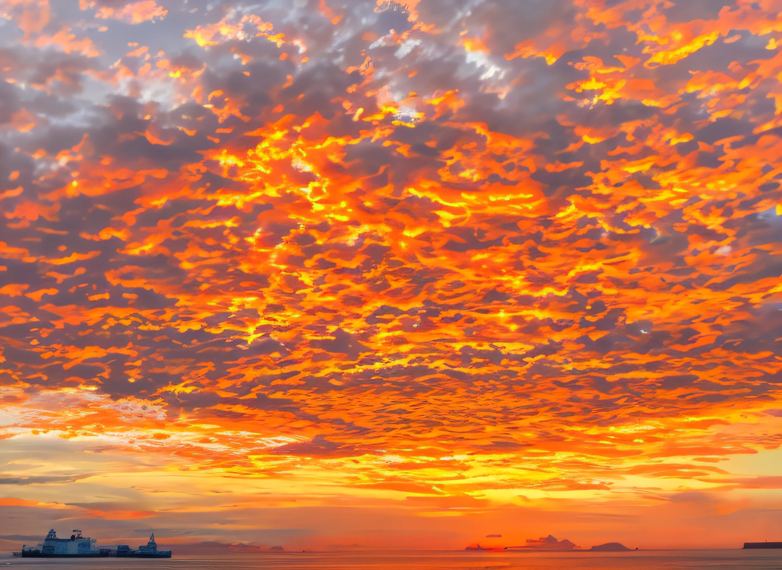 Ocean sunset,There is a ship in the foreground, vibrant sunrise, fire in the sky, Burning clouds, spectacular sunset, Burning sky, vibrant sunset, fire from sky, epic sunrise, orange clouds, brilliant sunset, vivid sky, vibrant sunset dramatic sky, epic sunset, stunning skies, Dramatic sunrise, Amazing sky, beautiful sunrise lighting