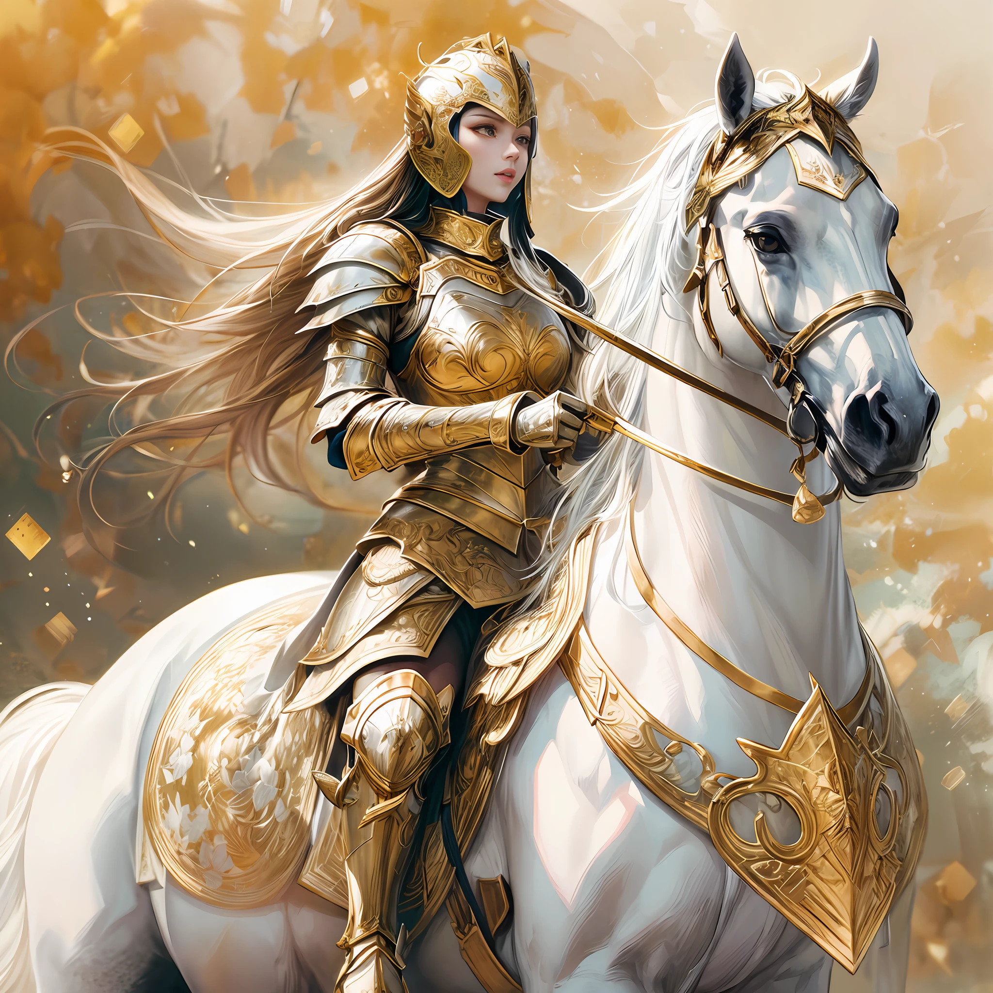 1 Female knight，Ride a white horse,anatomy correct, (Exquisite helmet)，Gold armor，Delicate pattern，Oriental elements，Ink painting style, Clean colors,gold space, Soft lighting, ( Bokeh)，Masterpiece, Super detailed, Epic composition, Highest quality, 4K，