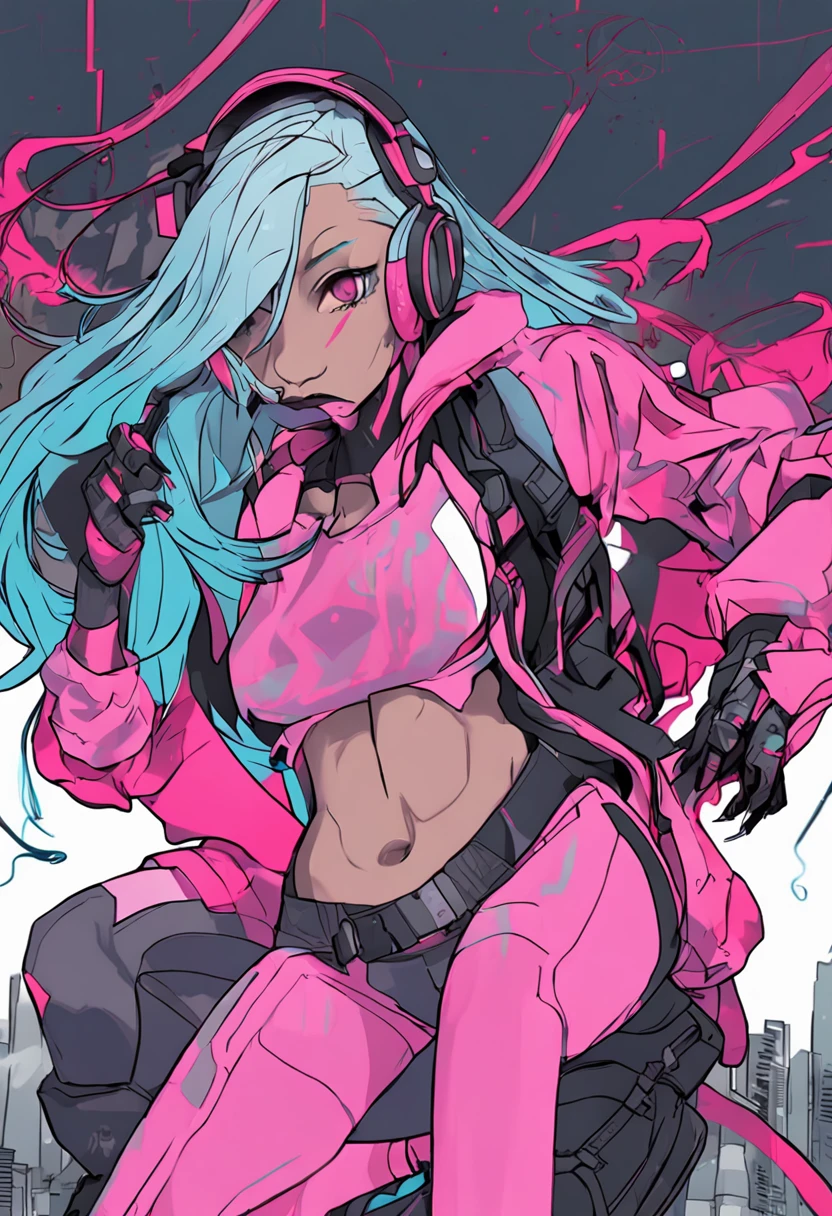 Close-up of a person with a very beautiful body and a very sexy body, cyberpunk anime girl, female cyberpunk anime girl, anime cyberpunk art, Digital cyberpunk anime art, cyberpunk anime art, cyberpunk anime girl in hoodie, - Anime art,pink tattoo,There is a tattoo on the stomach,Blue double ponytail