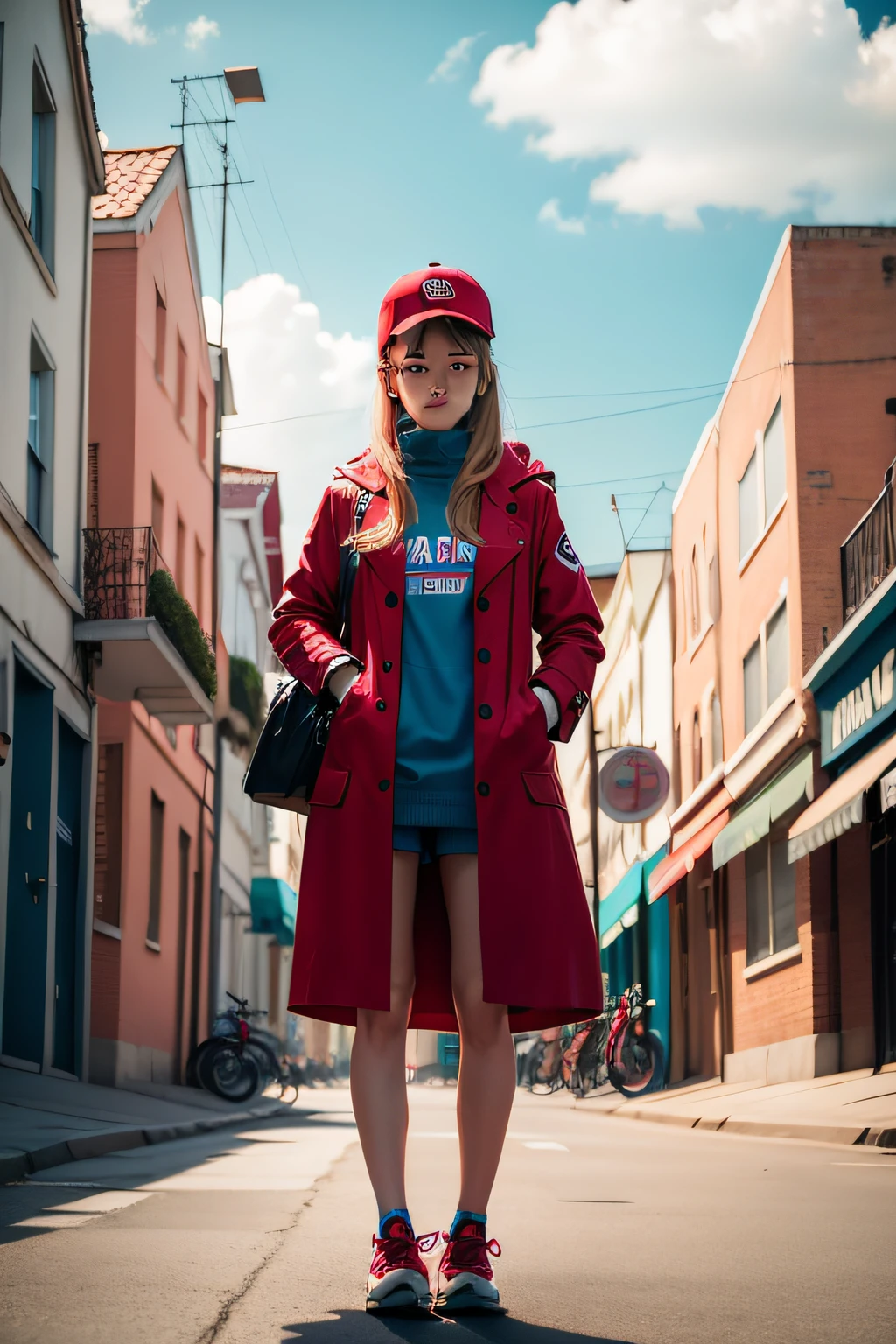 Wearing red coat fashion girl racket blue sky skateboard