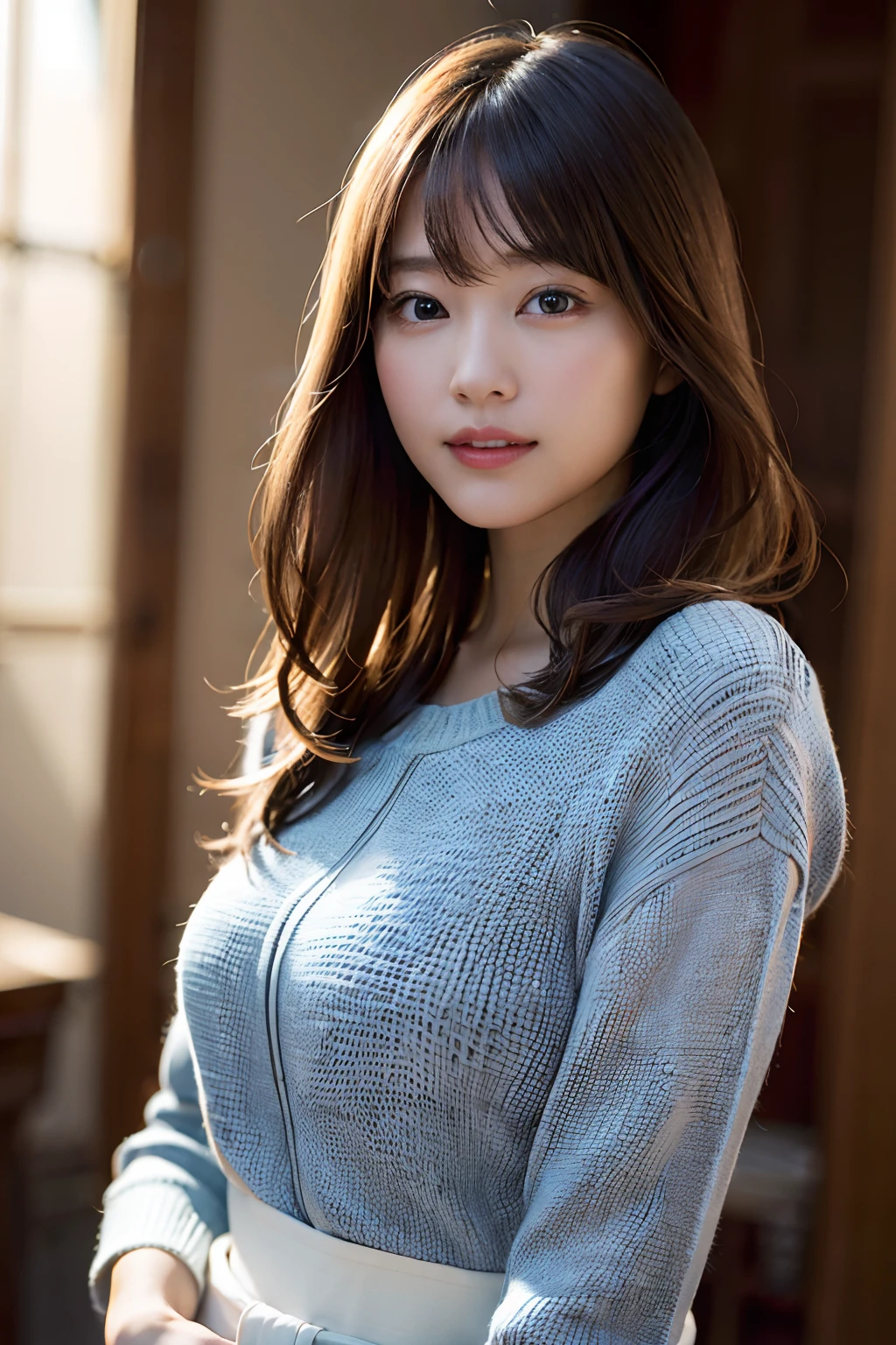 (8k, RAW photo, best quality, masterpiece:1.2), (realistic, photo-realistic:1.37), ultra-detailed, ultra high res,1 girl,looking at viewer,beautiful detailed face,smile,narrow,(slim waist:1.3),shirt, beautiful detailed skin, skin texture, floating hair,professional lighting,