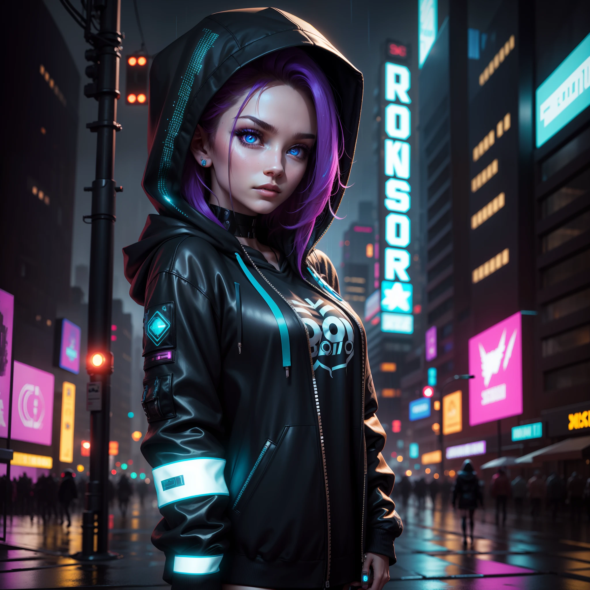 solo, a beauty woman，cyberpunk，hoodie with cyberpunk features, sparkle eyes, blue pupils, perfect eyes, rainy cyber punk city intersection , thin gap, portrait 35 mm, detailed bokeh background, high resolution, 8k