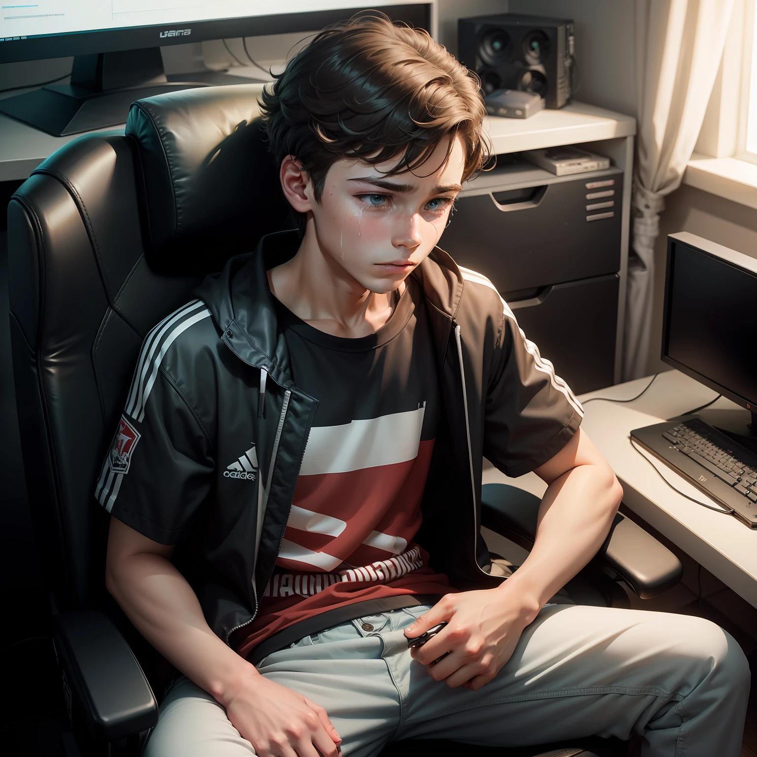 A boy sitting in the gaming chair he was crying 