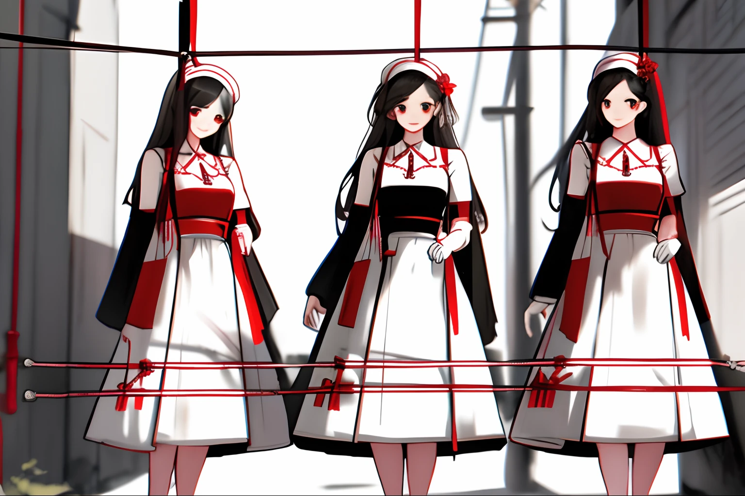 3 beautiful maids，Spanking each other，Ropes and chains in the hand, white backgrounid，Red all over，Black-white-red design, 比基尼，August limbs, offcial art, concept-art, plan，Size，Character setting drawings，infography，Patent schematic，Fine style