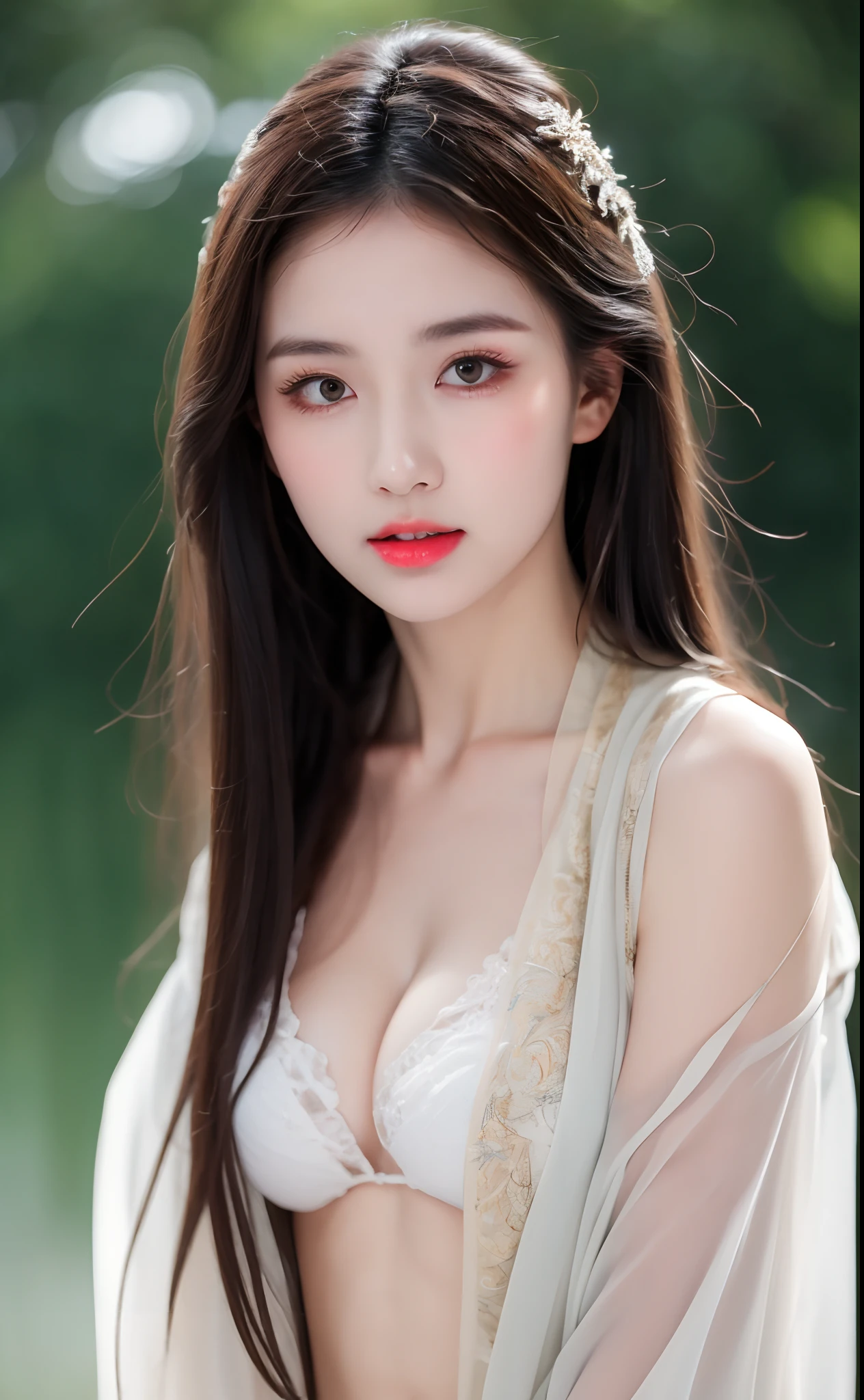 ((Best Quality, 8k, Masterpiece: 1.3)), Focus: 1.2, Perfect Body Beauty: 1.4, Buttocks: 1.2, ((Layered Haircut)), (Wet Clothes: 1.1), (Rain, Street:1.3), (Breasts: 1.2), (Hanfu: 1.2), Bare Shoulders, Bare Legs, Highly Detailed Face and Skin Texture, Fine Eyes, Double Eyelids, Whitened Skin, Long Hair, (Shut Up: 1.5), (Bokeh Background: 1.5), Big Breasts