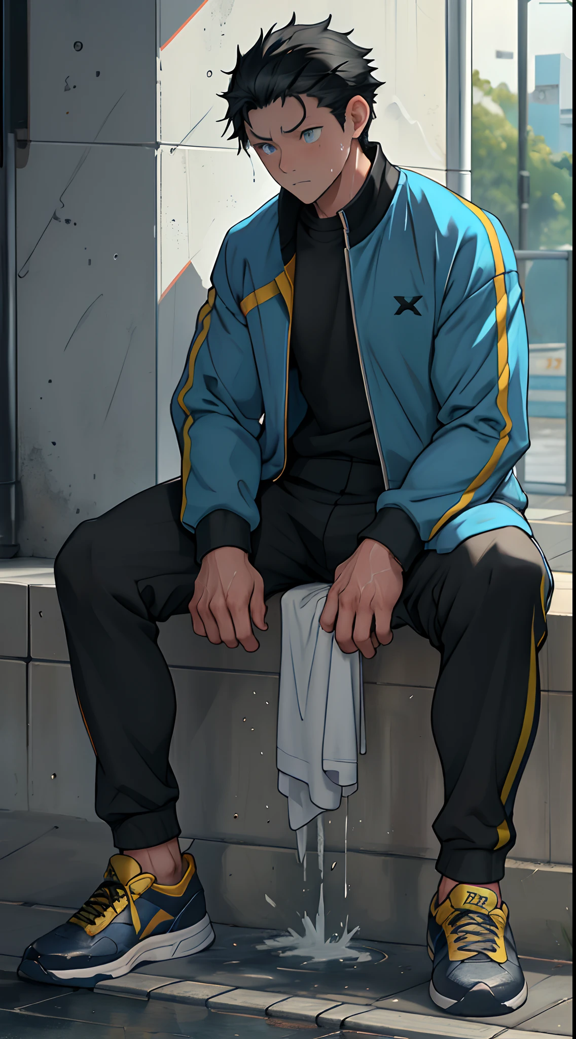 (1 Adult male),A high resolution, Sharp focus, Pixiv masterpiece, ((Complicated details)), highly detailed, natsuki_subaru, 1 man,perfect male figure,Urine on the trouser leg, Nervously bow your head,is shy,embarressed,exhilarated,is shocked,panicking,worry,A pool of urine formed around him,Very eager to pee,Unbearable,Wet yourself,Urine discharge,full bodyesbian,sit astride,Tired,decadent, blue color eyes(eyes glowing), Black hair short hair,track suit,track pants,White socks and sneakers worn on the feet,perspire,Drenched,Get wet,pissing,urine flows down the pants,look from down