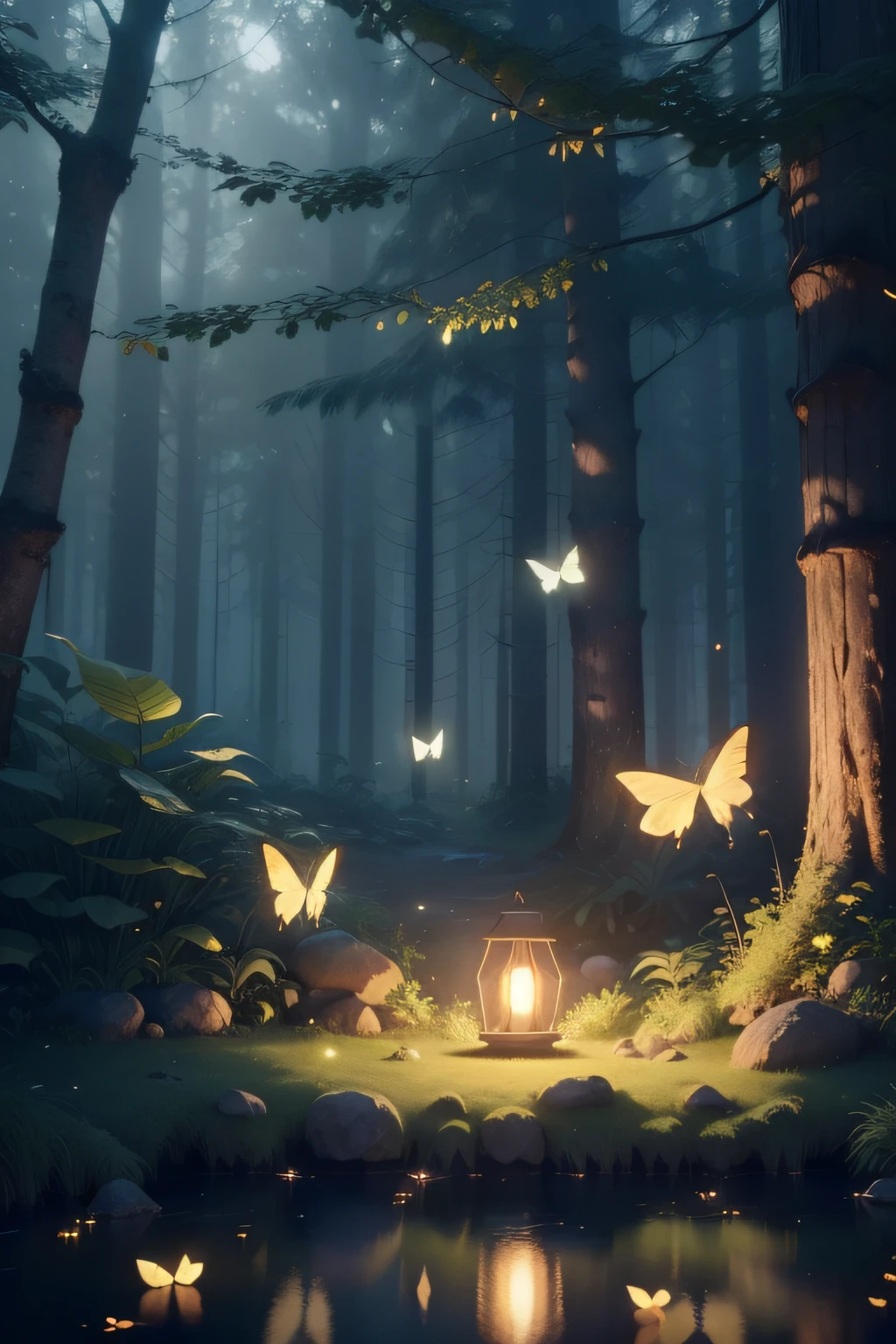 A masterpiece, the best quality, stunning reflections, the best reflections ever. (very detailed CG unity 8k wallpapers), (best quality), (best illustrations), (best shadows), forest theme with natural elements. Tall trees, quiet streams, small glowing mushrooms surrounded by delicate leaves and branches, with fireflies and glowing particle effects,, (natural elements), (jungle theme), (leaves), (twigs), (fireflies), butterflies, (delicate leaves), (glow), (particle effects). , Isometric 3D, Octane Rendering, Ray Traced, Super Detailed