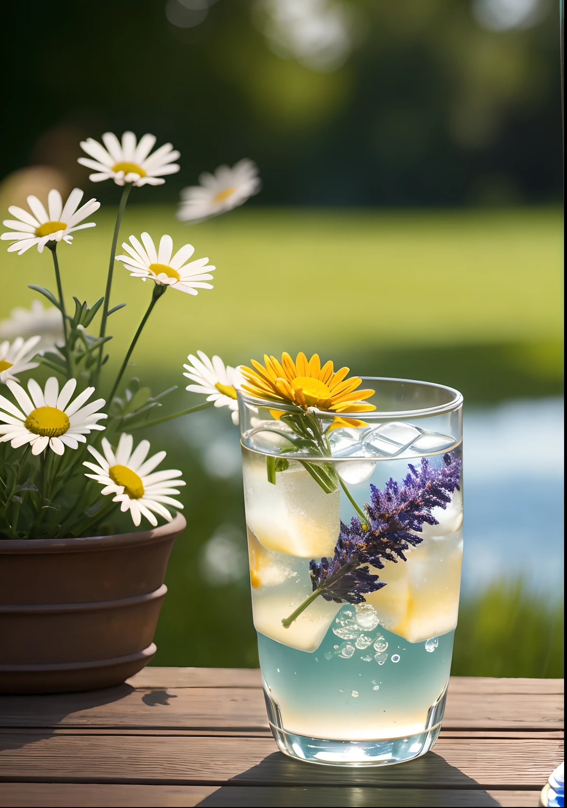 A glass with drops of water filled with carbonated drinks, translucent liquid, ice cubes, bubbles, a floral crown of daisies and lavender on picnic tablecloths, midday outdoor lighting, open air, natural background, summer day, hot weather, high detail, very humid humidity, high brightness, wet watermarks, excessive detail, surrealism, soft light, studio lighting, diffuse soft light, shallow depth of field, sharp focus, bokeke effect, light tracking, subsurface scattering, complex soft light, diffuse soft light, highly detailed glass reflection, ultra-thin (ultra-thin), ultra-thin) (thin, ultra-detailed), cinematic, surrealism, hardware, best quality, ultra-high resolution (photorealistic: 1.4), high resolution, detail, raw photography, clear reproduction, 4 kodak portra 400 stock camera, f1.6 lens, realistic texture, spectacular lighting, not a real engine, popular on artstation, cinemas up to 800,