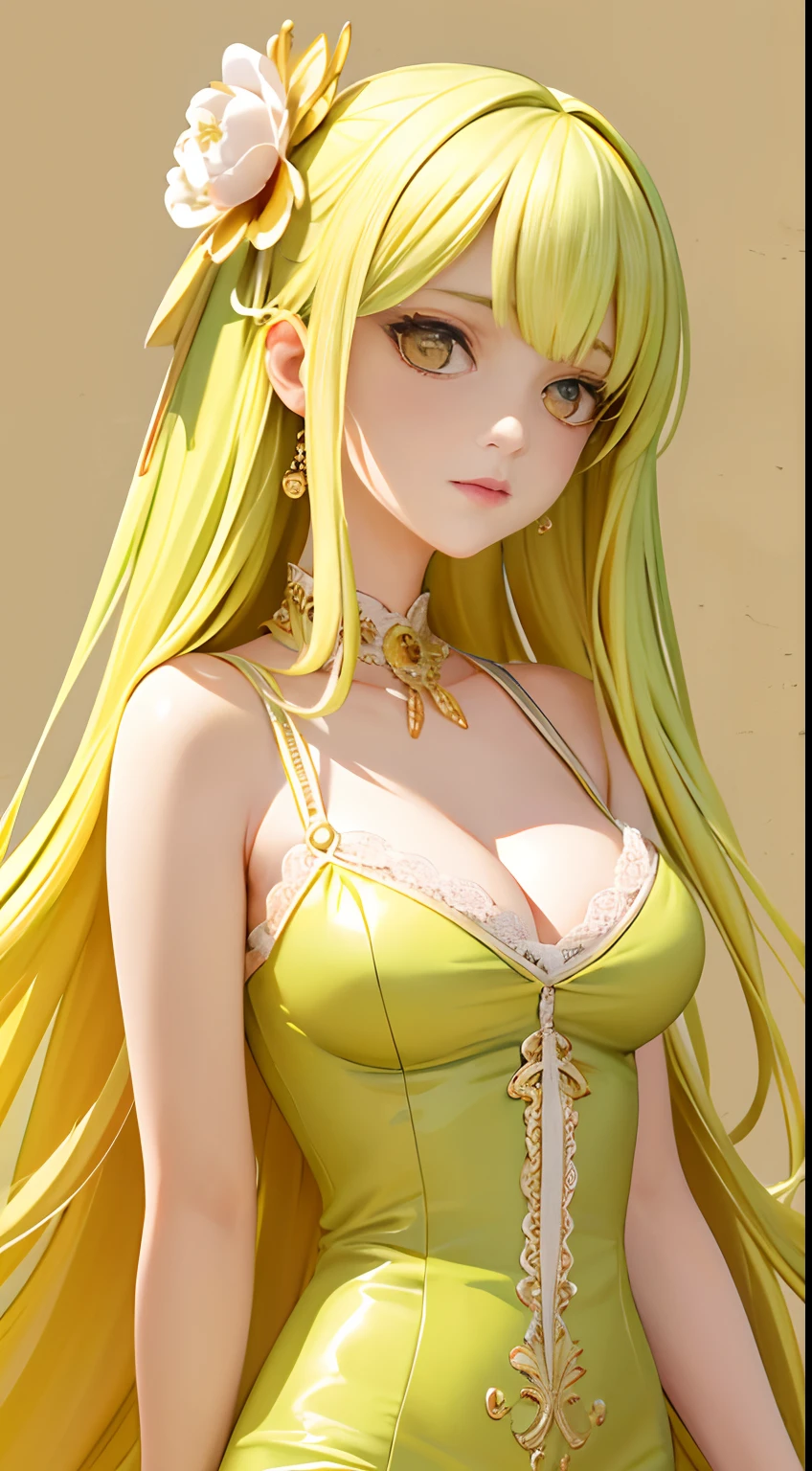 , (tmasterpiece，Supreme Quality，Super delicate，Master painting)(Kizi，closeup cleavage，Lateral face，Gaze towards the viewer，Bloom of youth), Original character wearing a light green pencil dress, Long straight hair，Dark yellow bangs, Carmine eyes, expressioness:exasperation, German castle background