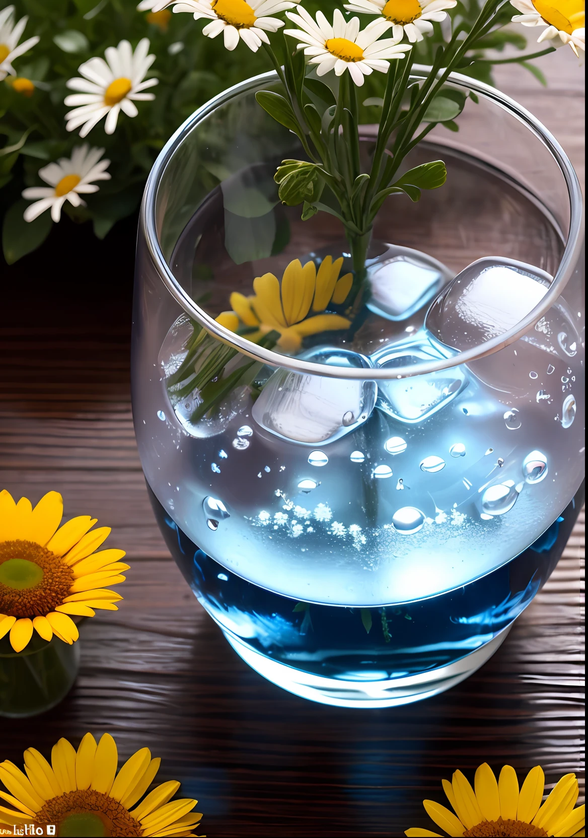 A glass with drops of water filled with carbonated drinks, translucent liquid, ice cubes, bubbles, a floral crown of daisies and lavender on picnic tablecloths, midday outdoor lighting, open air, natural background, summer day, hot weather, high detail, very humid humidity, high brightness, wet watermarks, excessive detail, surrealism, soft light, studio lighting, diffuse soft light, shallow depth of field, sharp focus, bokeke effect, light tracking, subsurface scattering, complex soft light, diffuse soft light, highly detailed glass reflection, ultra-thin (ultra-thin), ultra-thin) (thin, ultra-detailed), cinematic, surrealism, hardware, best quality, ultra-high resolution (photorealistic: 1.4), high resolution, detail, raw photography, clear reproduction, 4 kodak portra 400 stock camera, f1.6 lens, realistic texture, spectacular lighting, not a real engine, popular on artstation, cinemas up to 800,