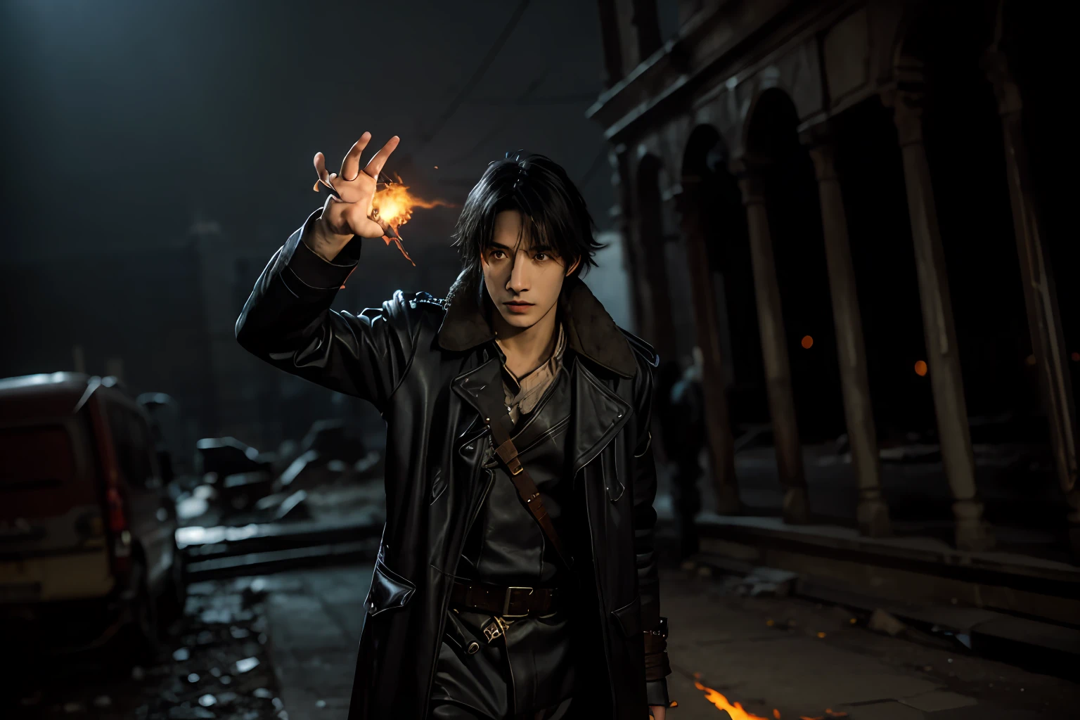 Best Quality, Masterpiece, extra high resolution, City Ruins Street Background, 1 person, 独奏, Illustration in the style of a person, holding a fireball in his hand, Casting a fire spell, looking a viewer, black - haired mage , Swashbuckler, age 30 years, Glowing Eyes Fire Spell, The fire behind him, evil male sorcerer, illumination, Dark, Dynamic Angle, Depth of field, fentezi, Ruins of the ancient city, Dirty & Dirty, Shabby, Worn-out clothes, dark coat with tan, Leather straps, high boots, the pose