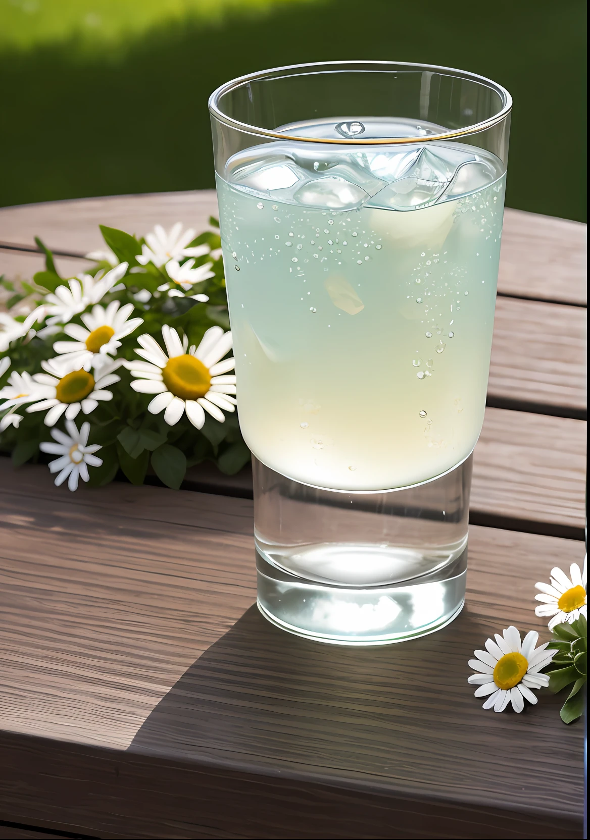 A glass with drops of water filled with carbonated drinks, translucent liquid, ice cubes, bubbles, a floral crown of daisies and lavender on picnic tablecloths, midday outdoor lighting, open air, natural background, summer day, hot weather, high detail, very humid humidity, high brightness, wet watermarks, excessive detail, surrealism, soft light, studio lighting, diffuse soft light, shallow depth of field, sharp focus, bokeke effect, light tracking, subsurface scattering, complex soft light, diffuse soft light, highly detailed glass reflection, ultra-thin (ultra-thin), ultra-thin) (thin, ultra-detailed), cinematic, surrealism, hardware, best quality, ultra-high resolution (photorealistic: 1.4), high resolution, detail, raw photography, clear reproduction, 4 kodak portra 400 stock camera, f1.6 lens, realistic texture, spectacular lighting, not a real engine, popular on artstation, cinemas up to 800,