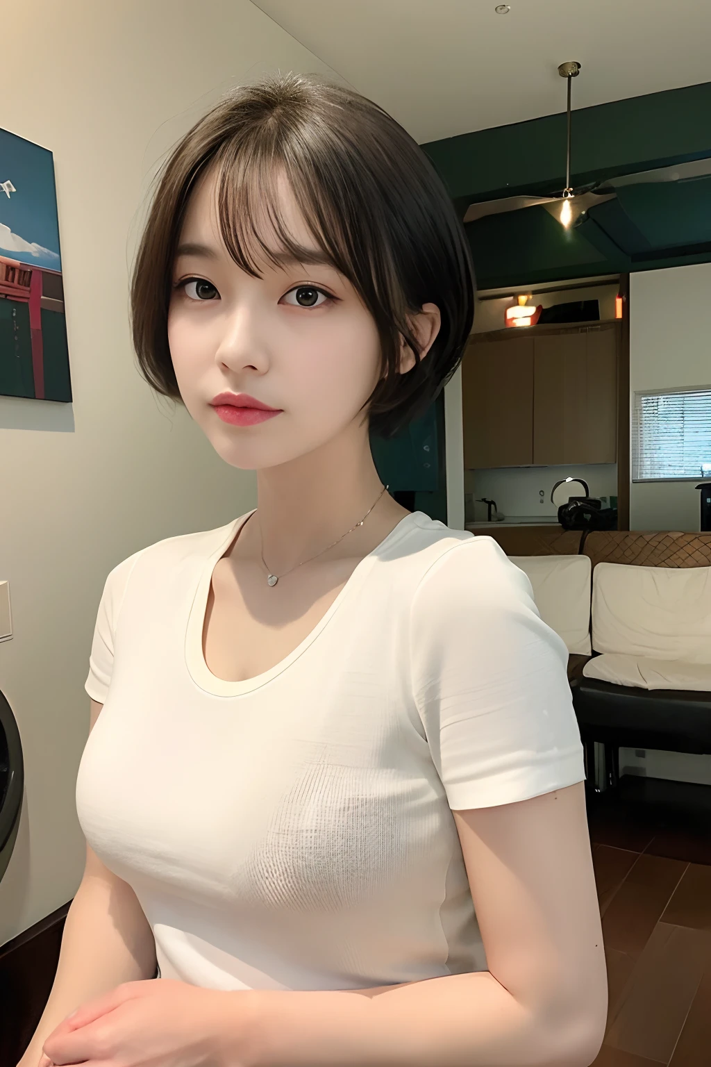 ((top-quality、8K、masterpiece:1.3))、Detail Women:1.3、(Short short hair、)、The shirt:1.1、ultra -detail、the detail、eyelid