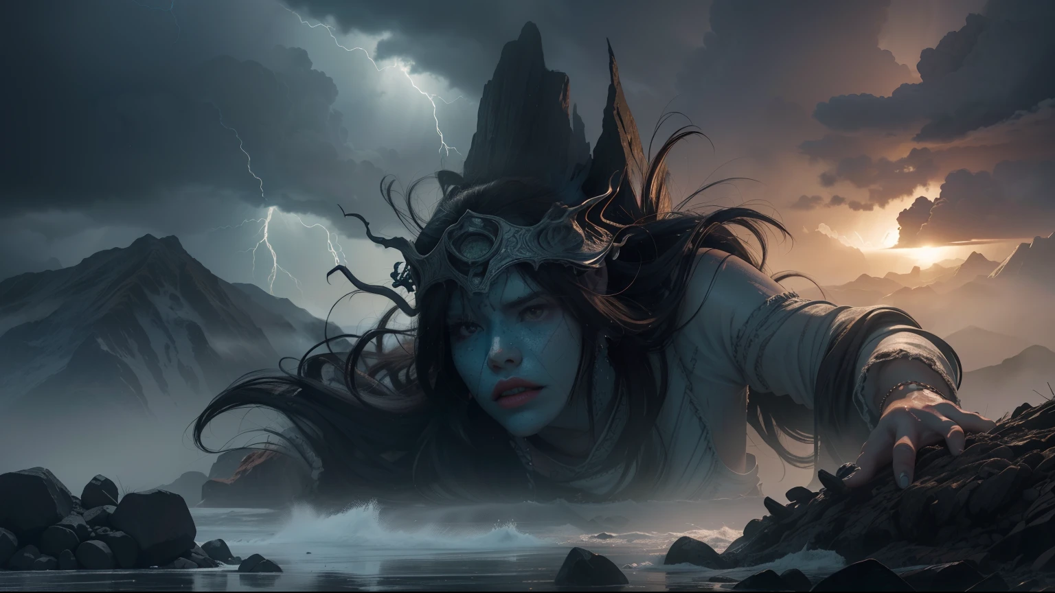 (RAW photo, best quality), (realistic, photo-realistic:1.3), Extremely Delicately Beautiful, Amazing, fine detail, mastery, ultra-detailed, highres, best illustration, best shadow, intricate, depth of field, (( (Giant Spirit:1.4))),head looking up,dream-state,nightmare,(Dramatic lighting:1.4),(looking from above:1.2),(overcast day,storming,复杂:1.4),Sharp focus,volume fog,8k UHD, DSLR ,high high quality,(filmgrain:1.4),Fujifilm XT3,Overnight,earthquakes,volcanoes,tidal waves,The earth is swallowed by the sea,Flat land becomes mountains,Lakes sprang up above ground... The world became a map of the Classic of Mountains and Seas,The monsters in the Mountain and Sea Scriptures are also emerging one after another。It's not so much the end times,Rather, this is the return of humans from the top of the food chain too detached to the food chain。