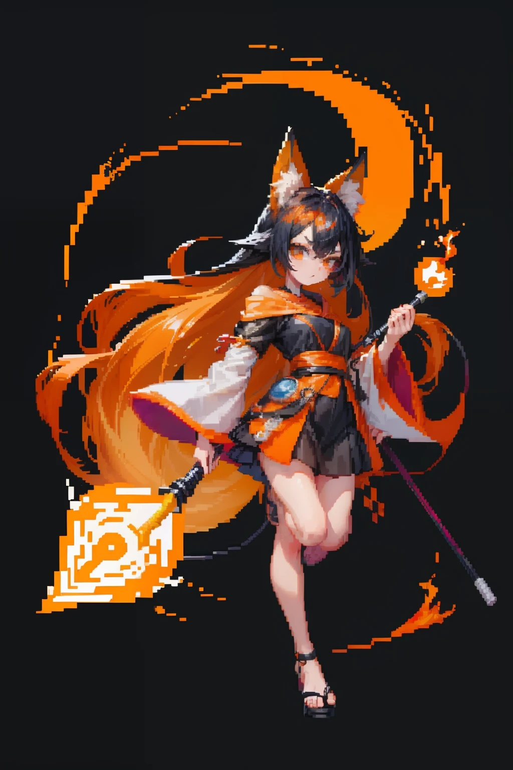 orange and black、Wizard Girl、With fox ears、Tailed、Twin-tailed、Black hair、(Pixel art:1.2、pixels)simple background、Hold on by the foot、Have a big cane、Releasing electricity from the cane