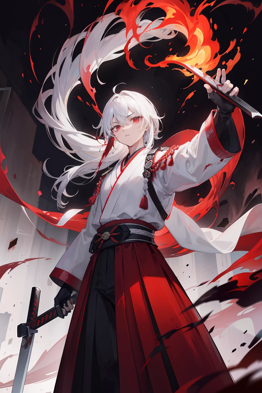 cabelos preto e longos,Red-eyed age man,Stand on an empty street at night,extreme hight detail,White jacket,Black Hakama,Aoba Ori,Holding a huge blood-colored weapon in one hand,A Japanese style,Intimidating,Engulfed in flames、Sword,wall-paper,CG compositing