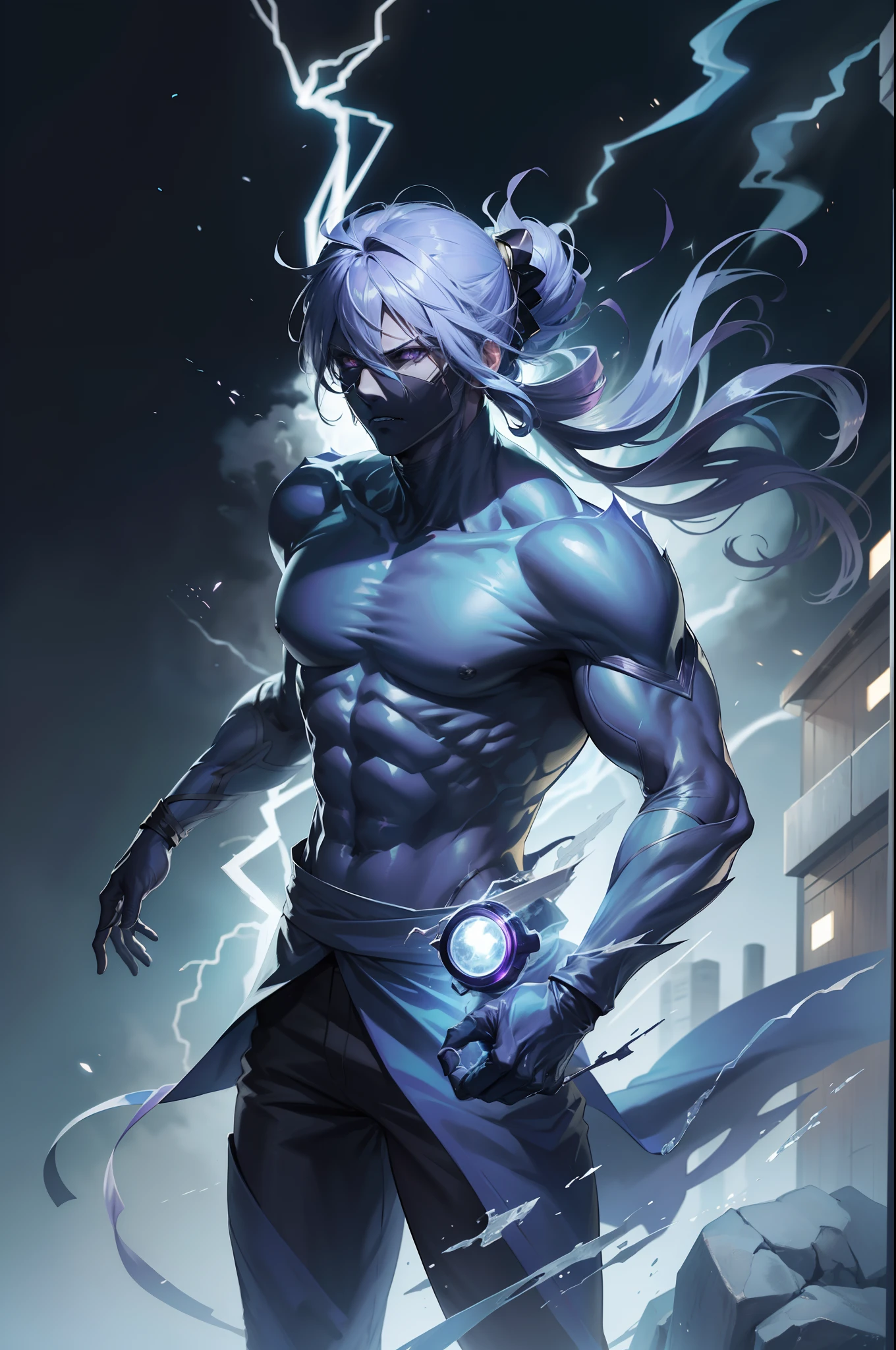 epic anime style, purple lightning, evil temperament, 20 years old male shadow assassin, black aura shine, shadow supervisor, handsome face, brilliant and majestic. Beautiful standard body and complete body structure. full body shot of a man with lightning in his hand, an epic anime about a purple energy man, in a fighting stance with long black ponytail blowing in the wind and glowing eyes look at the viewer. Cool Gapmoe Yandere, menacing look, gintama's Hijikata Toushirou, inspired by Masanobu Okumura, the originator of the anime art style, Nobutaka Ike, the night war rages behind him. Highest image quality 8K, details everything 8K.