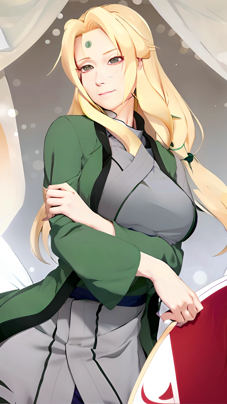 Close-up of a woman with long blonde hair and green jacket, tsunade from naruto, shikamimi, sakura haruno, inspired by Nishikawa Sukenobu, ueshiba riichi, Blonde anime girl with long hair, illustrious makinami, Marin Kitagawa fanart, umamusume, anya from spy x family，Less clothes，Bigchest