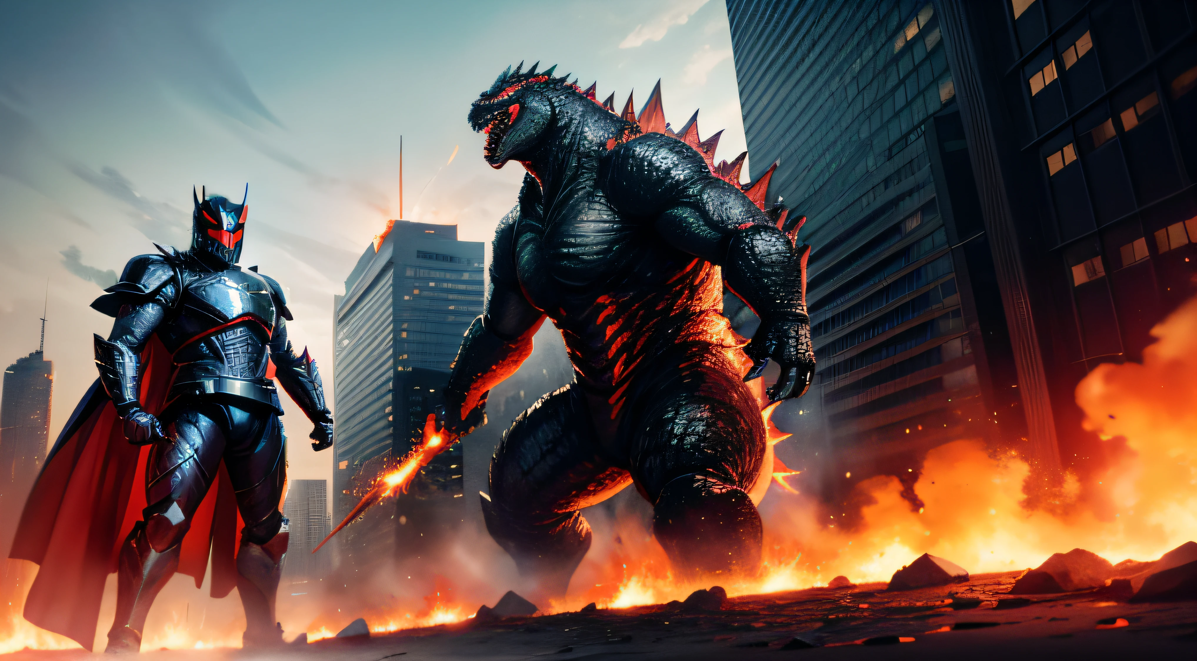 Two men in black armor lead the army of monsters，The eyes glow red，Behind stood a line of Godzilla's army，There are small flames burning around，The urban environment has been destroyed，Kamen Rider style，high high quality，High picture quality，A high resolution，Hyper-realistic