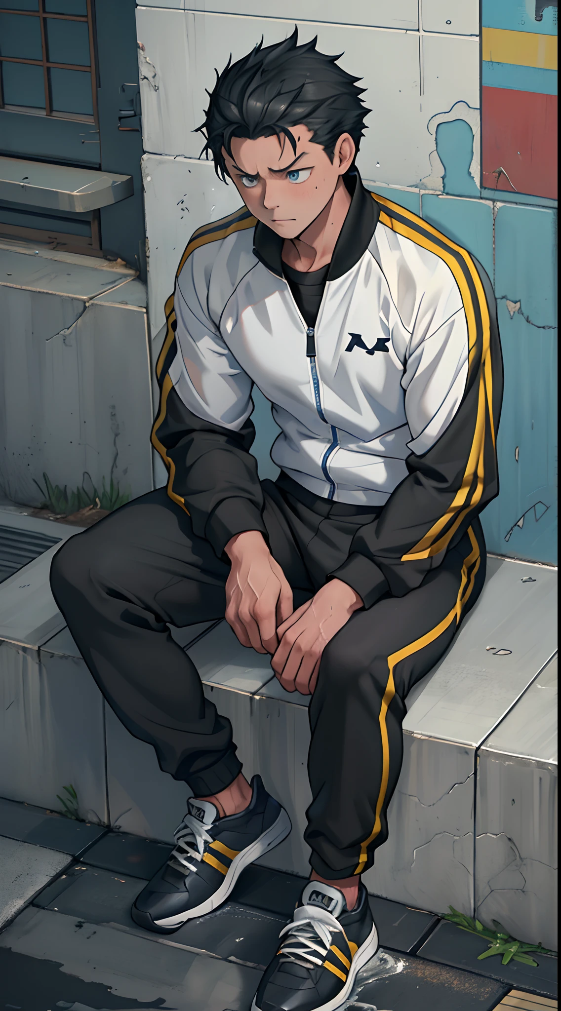 （1 Adult male），A high resolution， Sharp focus， Pixiv masterpiece， （（Complicated details））， highly  detailed， natsuki_subaru， 1 man，perfect male figure，Urine on the trouser leg， Nervously bow your head，is shy，embarressed，exhilarated，is shocked，panicking，worry，A pool of urine formed around him，Very eager to pee，Unbearable，Wet yourself，Urine discharge，full bodyesbian，sit astride，Tired，decadent， blue color eyes（eyes glowing）， Black hair short hair，track suit，track pants，White socks and sneakers worn on the feet，perspire，Drenched，Get wet，pissing，urine flows down the pants，look from down
