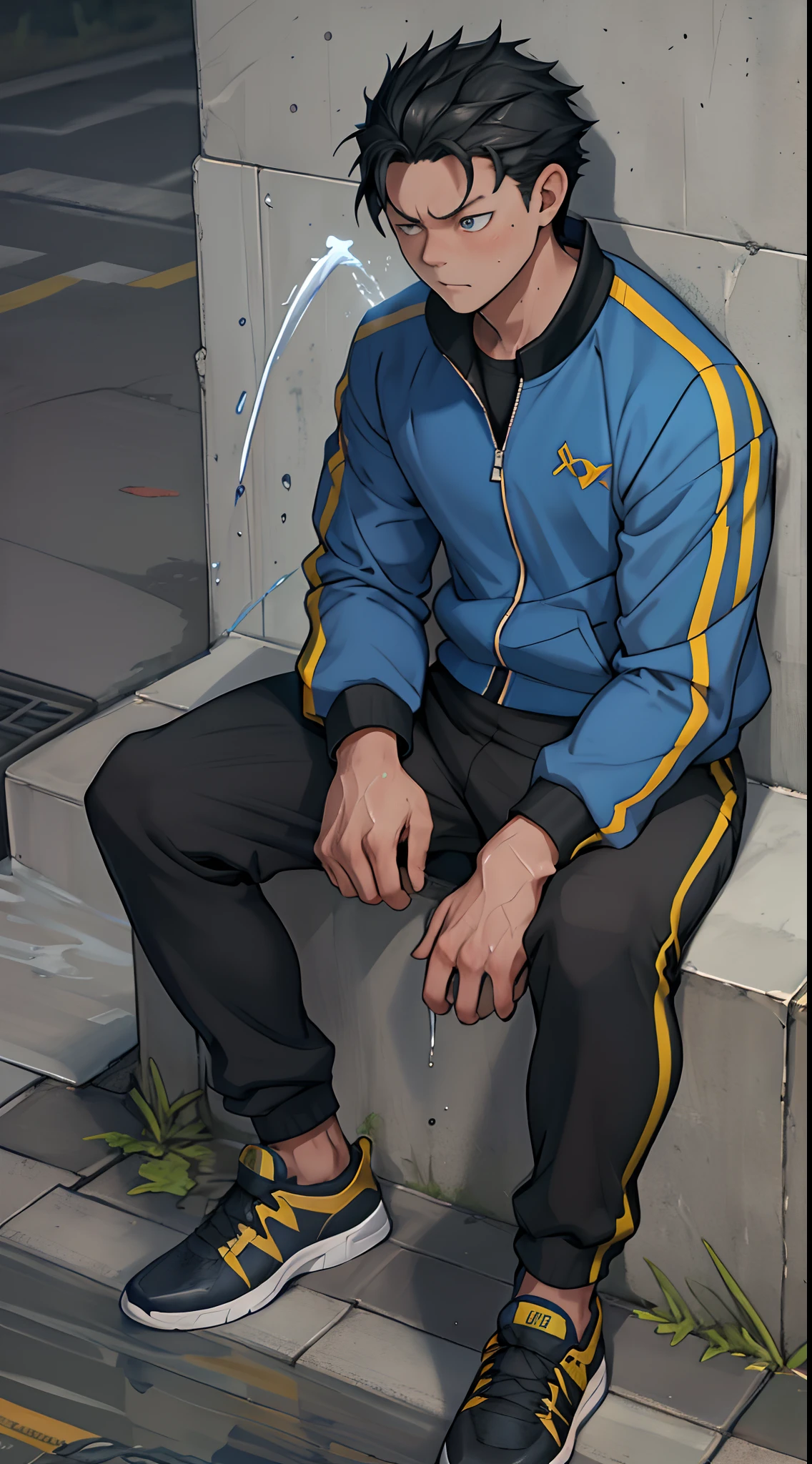 (1 Adult male),A high resolution, Sharp focus, Pixiv masterpiece, ((Complicated details)), highly detailed, natsuki_subaru, 1 man,perfect male figure,Urine on the trouser leg, Nervously bow your head,is shy,embarressed,exhilarated,is shocked,panicking,worry,A pool of urine formed around him,Very eager to pee,Unbearable,Wet yourself,Urine discharge,full bodyesbian,sit astride,Tired,decadent, blue color eyes(eyes glowing), Black hair short hair,track suit,track pants,White socks and sneakers worn on the feet,perspire,Drenched,Get wet,pissing,urine flows down the pants,look from down