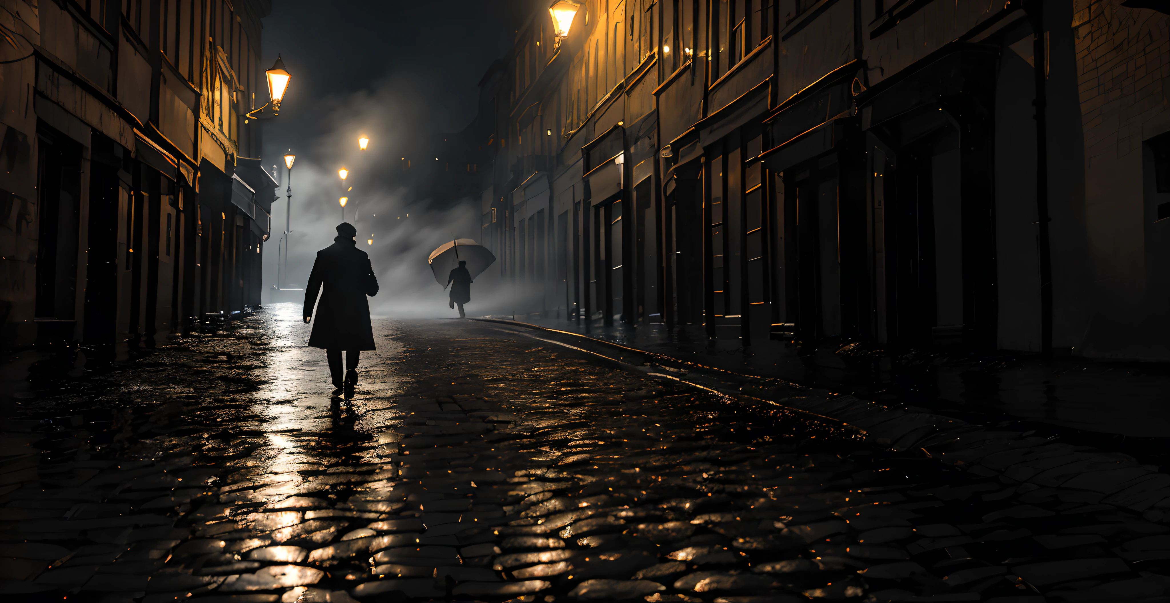 Ultra Realistic Photo，A cinematic scene，Sherlock Holmes walks on the water in a storm，tmasterpiece，best qualtiy，high qulity，8k extremely detailed CG unit wallpaper，Award-winning photography，Bokeh，depth of fields，hdr，flood，color difference，realisticlying，extremely detaile，trending on artstration，Trend of CGsociety，iintricate，high detal，dramatics，art in the middle of the journey，  Artistic monochrome，Textured film particles，atmospheric fog，shallowdepthoffield，Tough city atmosphere：0.3 Movie black and white street photos，deep in the night.Lights stroll along the historic streets。Images taken from a low angle show magnificent buildings and cobbled alleys，A faint candlelight cuts through the mist，Cast dramatic shadows。The camera emphasizes the existence of mystery，Highlight their confident pace，Capture the essence of urban exploration and mystery。A lonely figure of a person。
