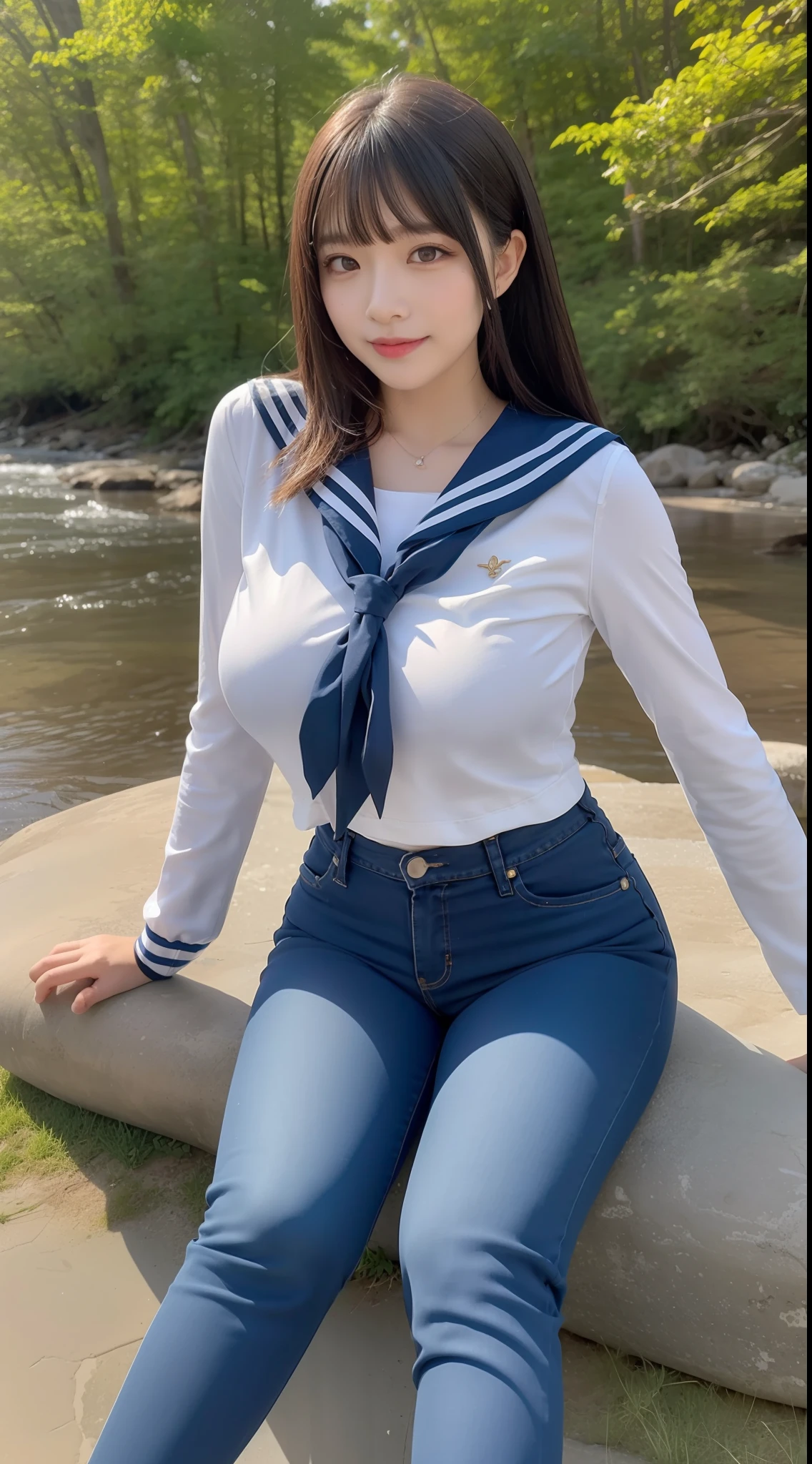 a pregirl，horse tailed，Large breasts, ssmile, looking at viewert, sailor uniformm,skintight jeans, athletic sneakers，photore, realisticlying, Best quality at best, employee, 详细的脸, Sitting on a large rock by the river in the middle of the woods, diffuselighting, depth of fields, Background bokeh