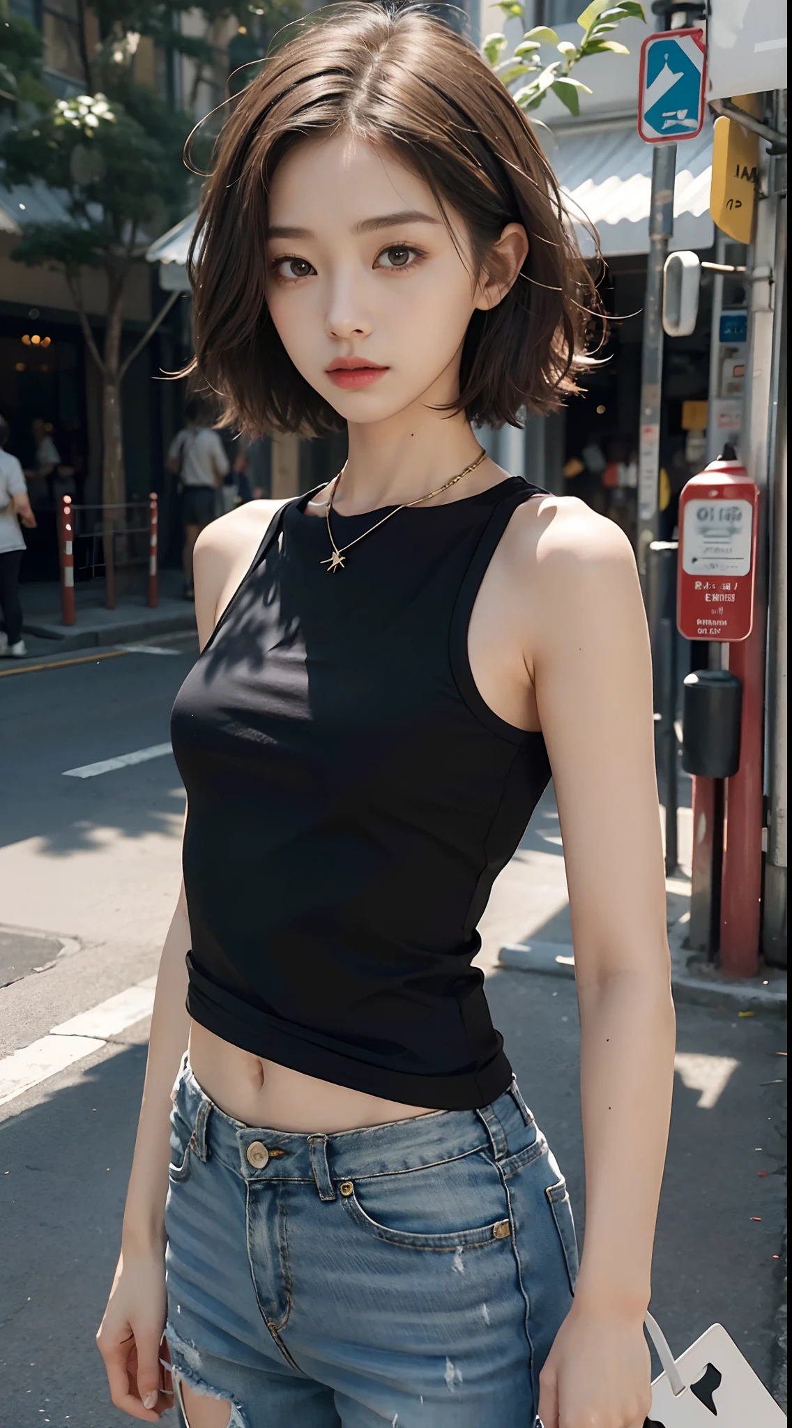 ((Mid-chest, Tomboy, Small Head)), ((12 years old)),Dawn, sunlight, (Trained abdominal muscles : 1.1), (Perfect body : 1.1), (Short Wavy Hair : 1.2) , Auburn Hair, collar, Lock, Full Body Shot, Crowded street, Wearing a black tank top, Jeans jacket, ((mini skirt)), (Very detailed CG 8k wallpaper), (Very delicate and beautiful), (masterpiece), (highest quality:1.0), (ultra High resolution:1.0), Beautiful lighting ,Perfect Lightning, Realistic Shadows, [High resolution], Detailed skin, Very detailed