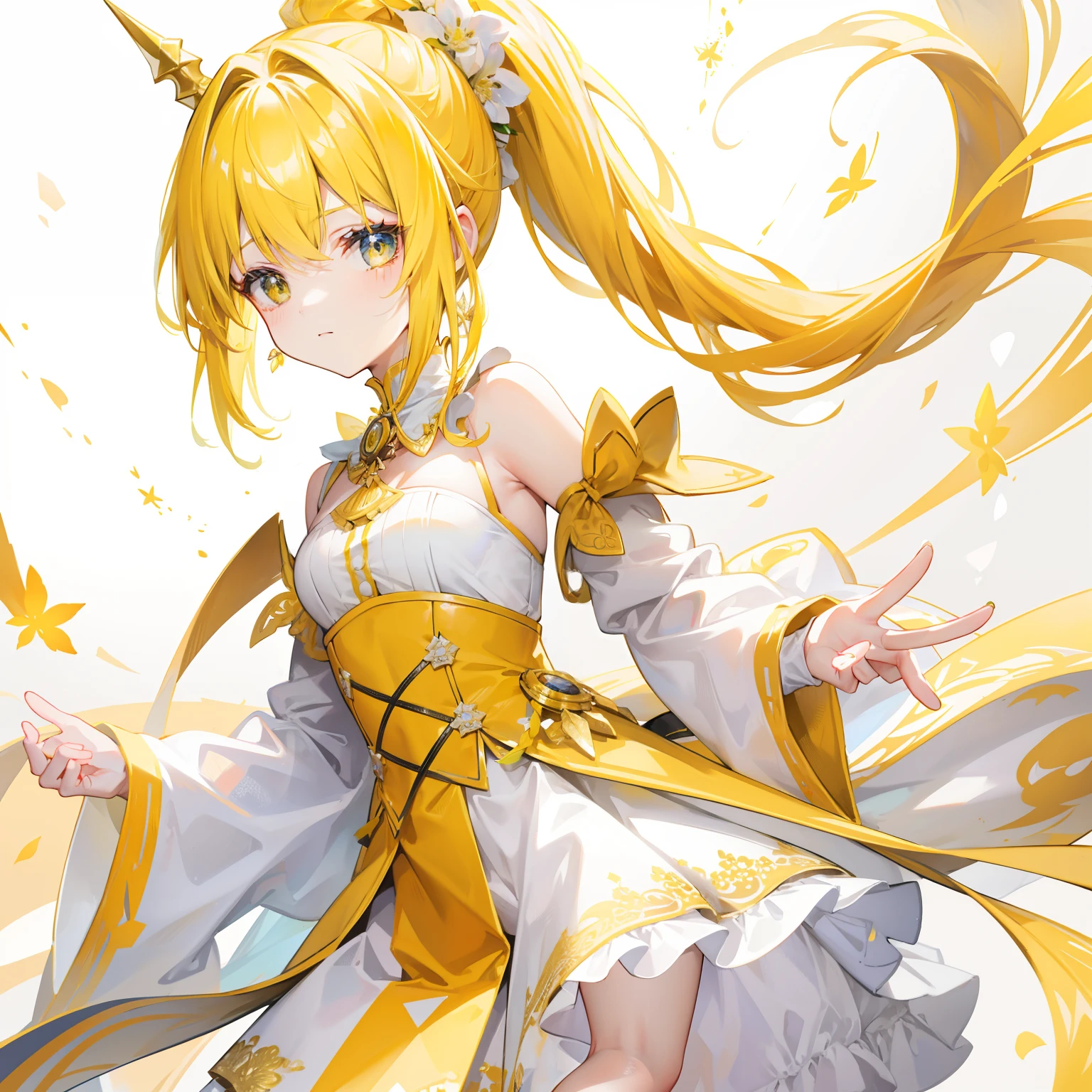 Bright yellow hair with high ponytail,The white and yellow clothes are decorated with gold accents,As cute and cute as a fairy