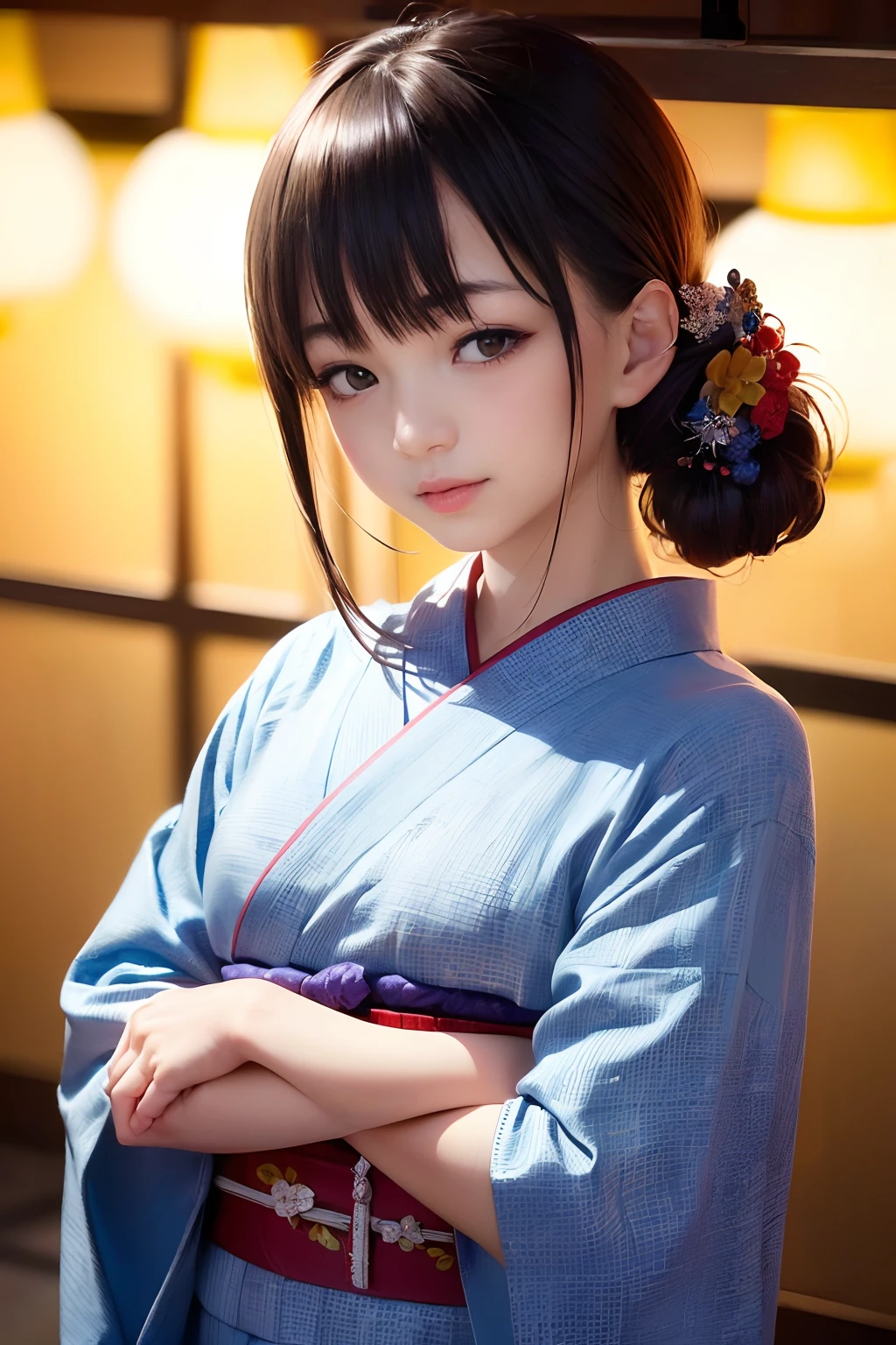 ((((((fully body photo))))))、((((Single eyelid)))),((((Backlight of sunset))))、(((((Thin eyeliner))))),(((((Light blue eyeliner))))),((lensflare))、((Wearing a kimono and being in Japan garden)),((((Super Soft Focus))))、Smiling、((((profile))))、(((looking distantly)))、Twilight、Take a shower、Colorful hydrangea on background、Surrounded by hydrangeas、((The soft sunset is shining on it))、(yinchuan:1.5), masterpiece, top-quality, Raw foto, Photorealsitic, faces, beautiful a girl, cute little, shorth hair, (((depth of fields))), hight resolution, ultra-detailliert, finely detail, ighly detailed, Cinematic lighting